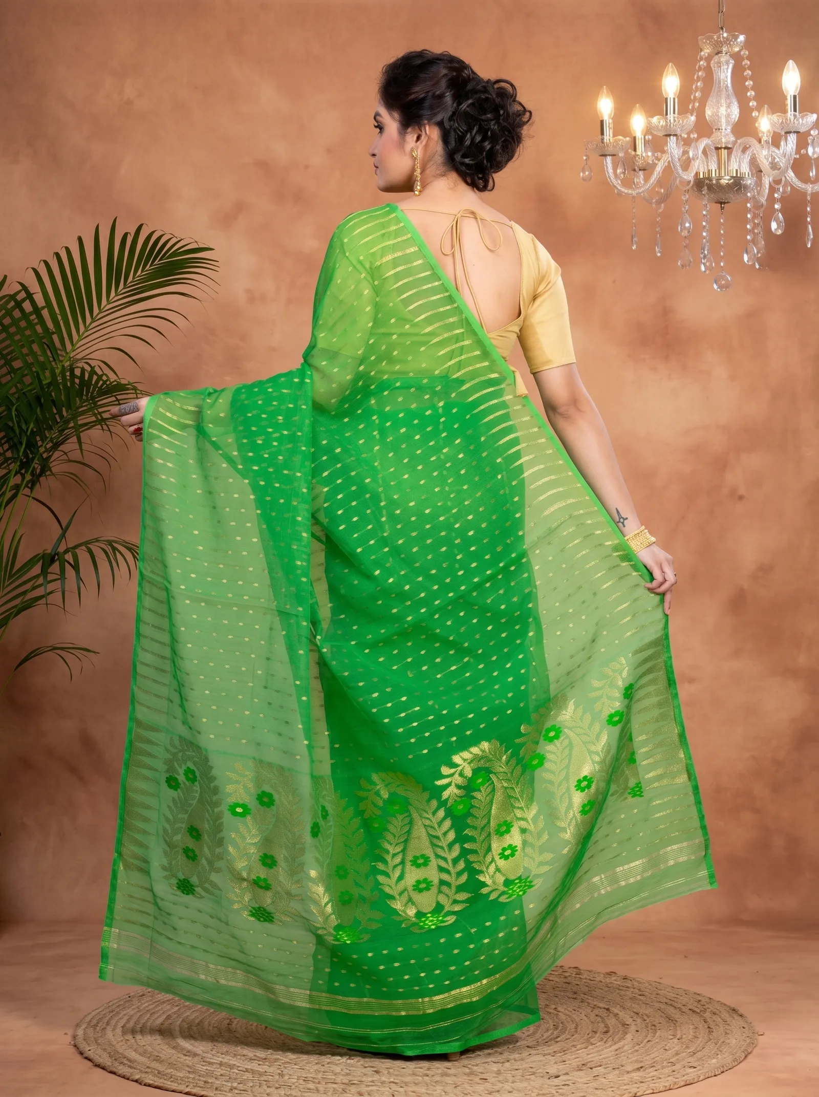DipDiya Blended Cotton  Traditional Bengali Green Artisan Crafted HALF JAMDINE Jamdani Saree