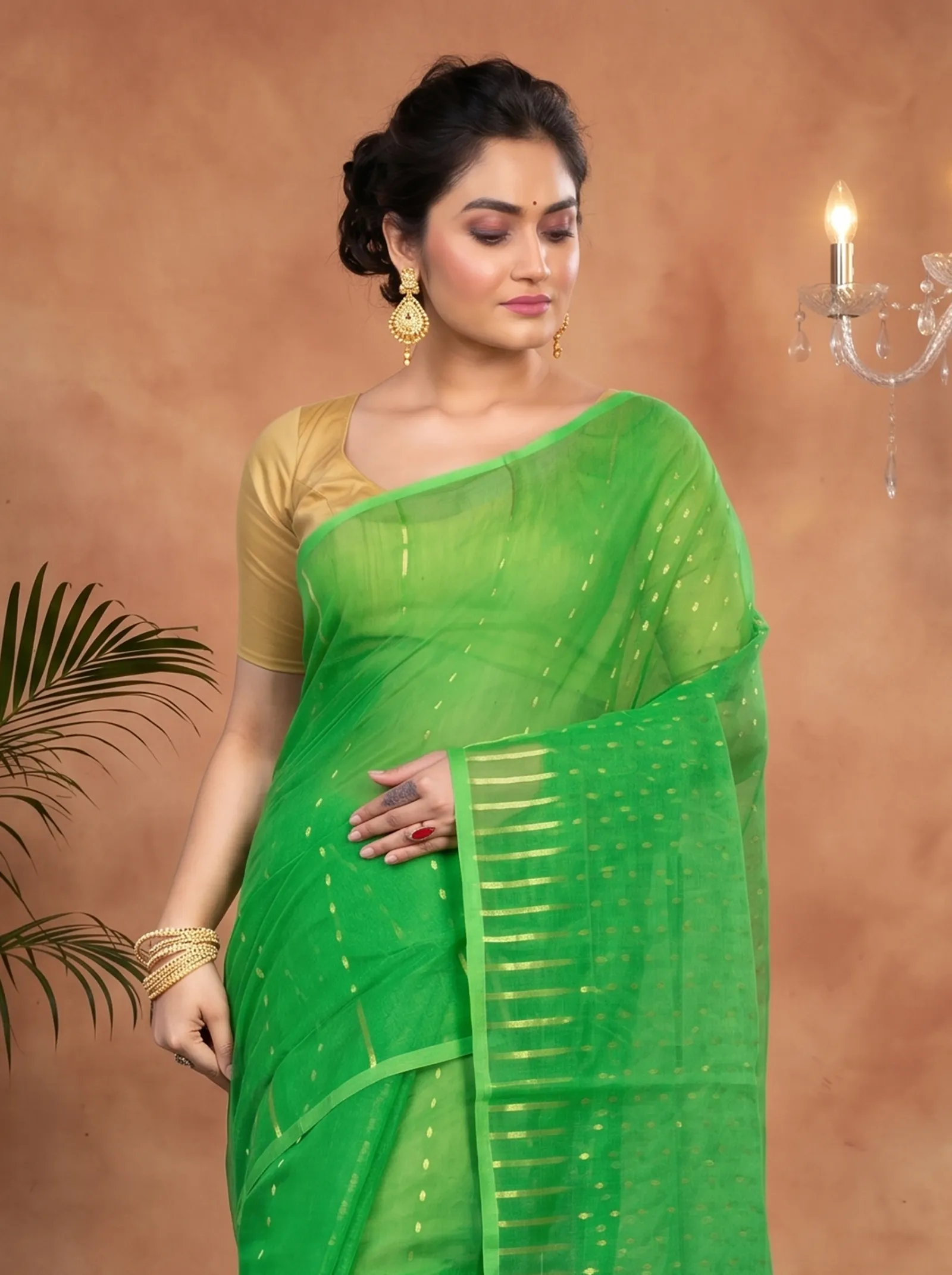 DipDiya Blended Cotton  Traditional Bengali Green Artisan Crafted HALF JAMDINE Jamdani Saree
