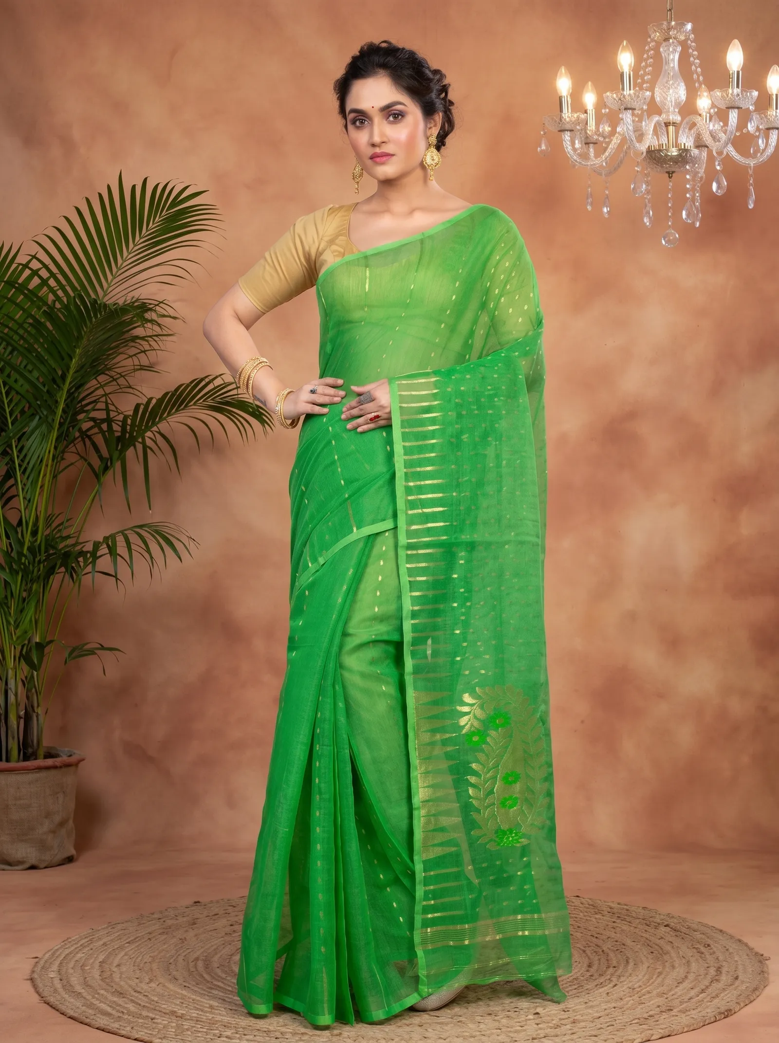 DipDiya Blended Cotton  Traditional Bengali Green Artisan Crafted HALF JAMDINE Jamdani Saree