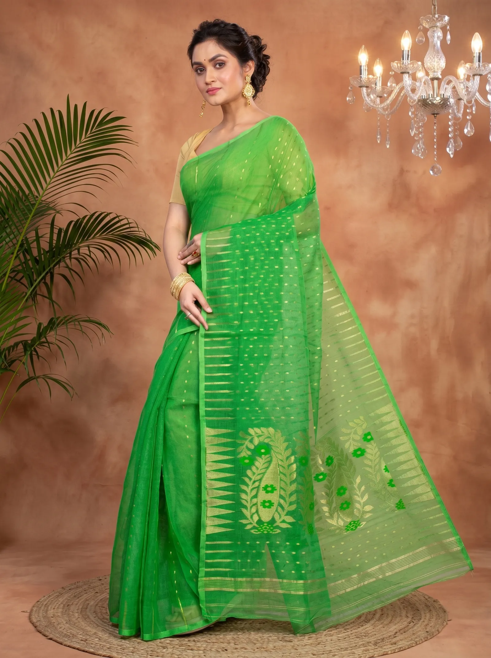 DipDiya Blended Cotton  Traditional Bengali Green Artisan Crafted HALF JAMDINE Jamdani Saree