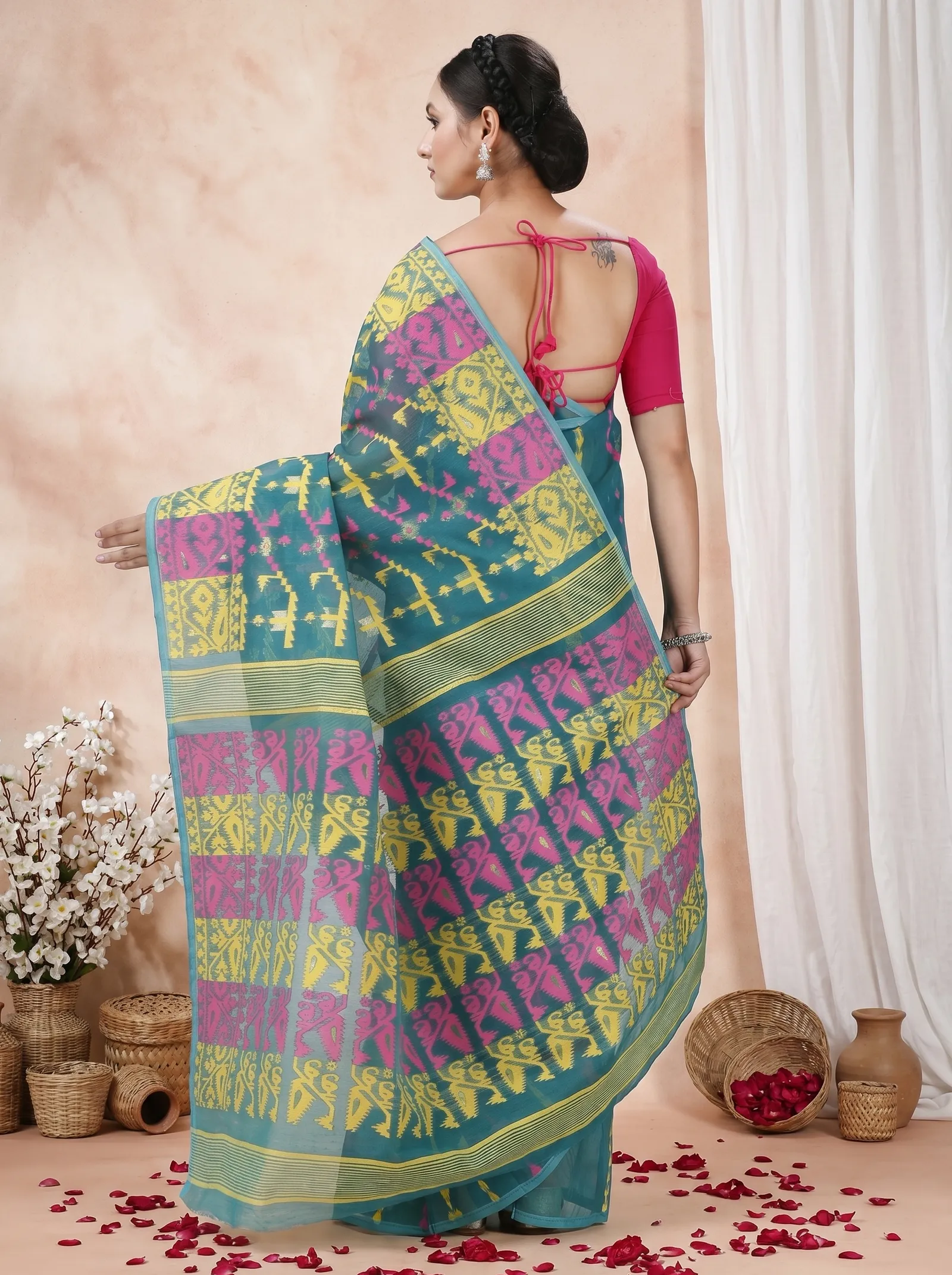 DipDiya Blended Cotton  Traditional Bengali Green Artisan Crafted Jaya Jamdani Saree