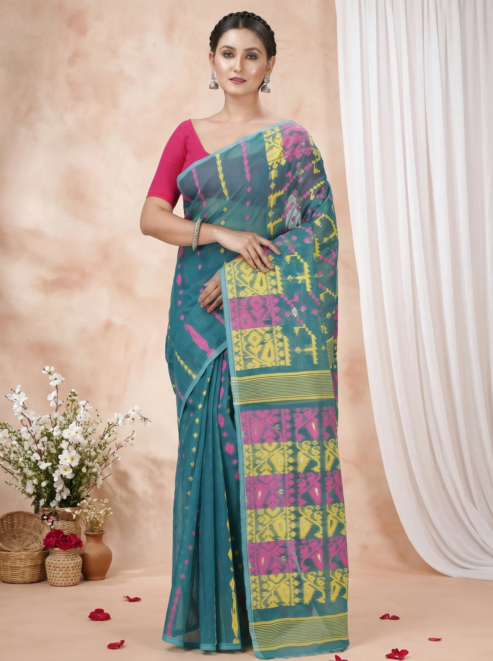 DipDiya Blended Cotton  Traditional Bengali Green Artisan Crafted Jaya Jamdani Saree