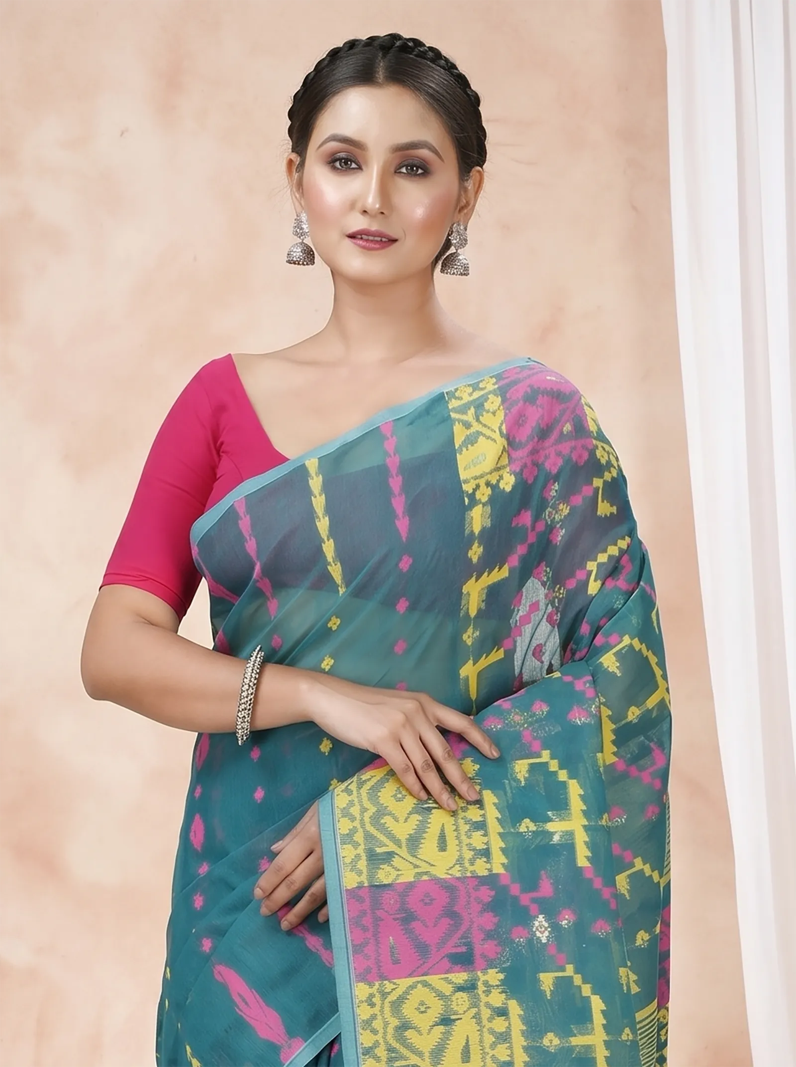 DipDiya Blended Cotton  Traditional Bengali Green Artisan Crafted Jaya Jamdani Saree