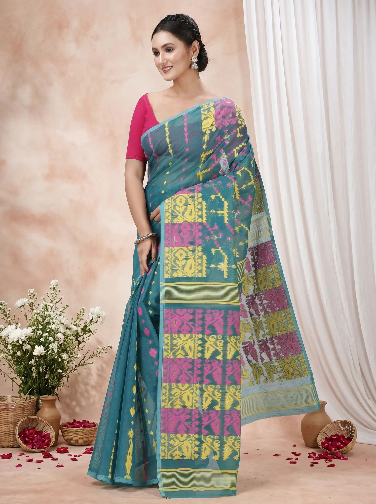 DipDiya Blended Cotton  Traditional Bengali Green Artisan Crafted Jaya Jamdani Saree