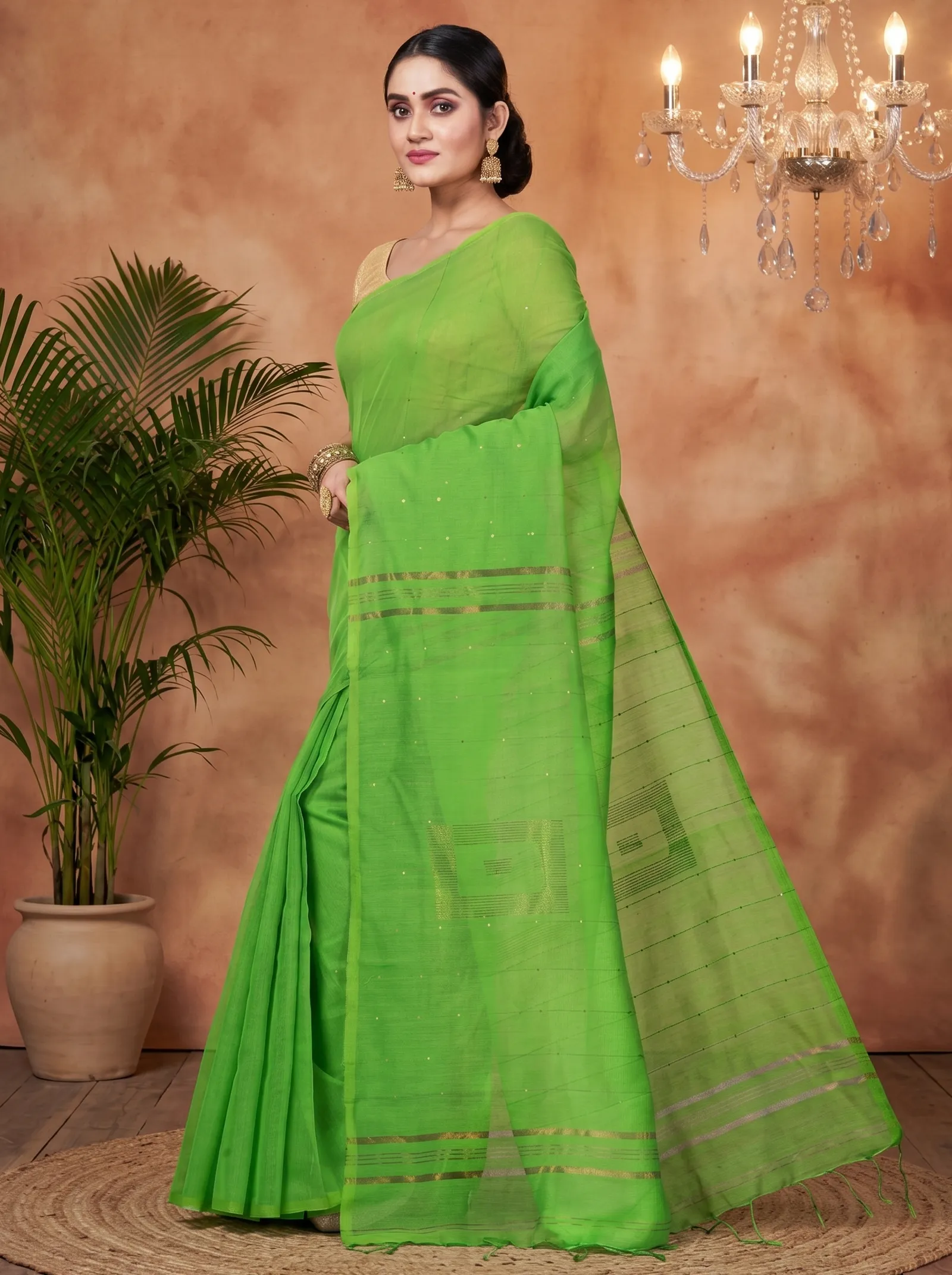 DipDiya Blended Cotton  Traditional Bengali Light Green Artisan Crafted Sequence Handloom Saree