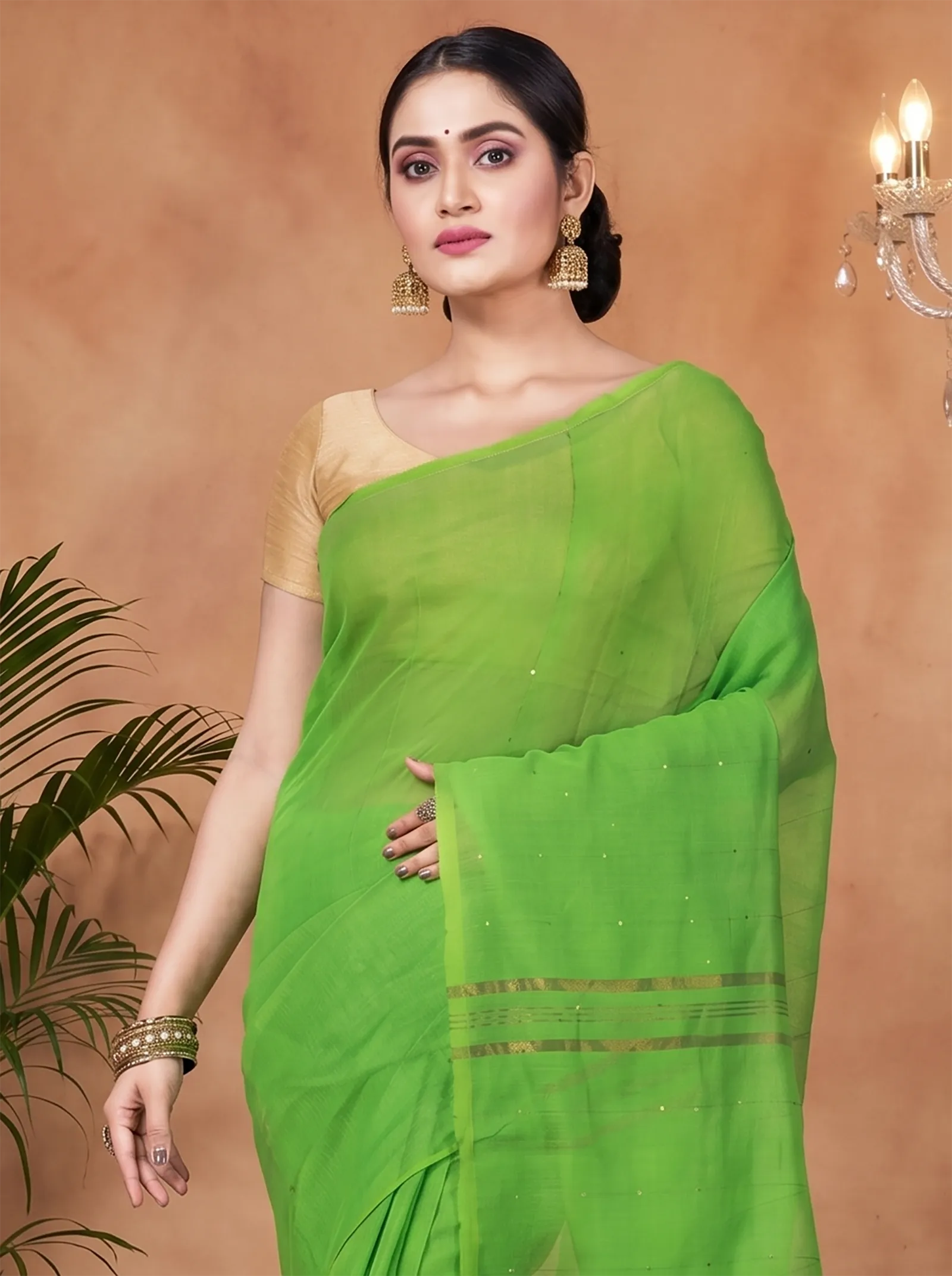 DipDiya Blended Cotton  Traditional Bengali Light Green Artisan Crafted Sequence Handloom Saree