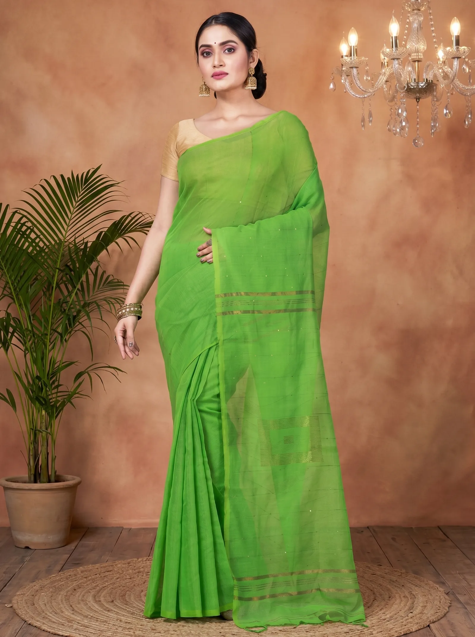 DipDiya Blended Cotton  Traditional Bengali Light Green Artisan Crafted Sequence Handloom Saree