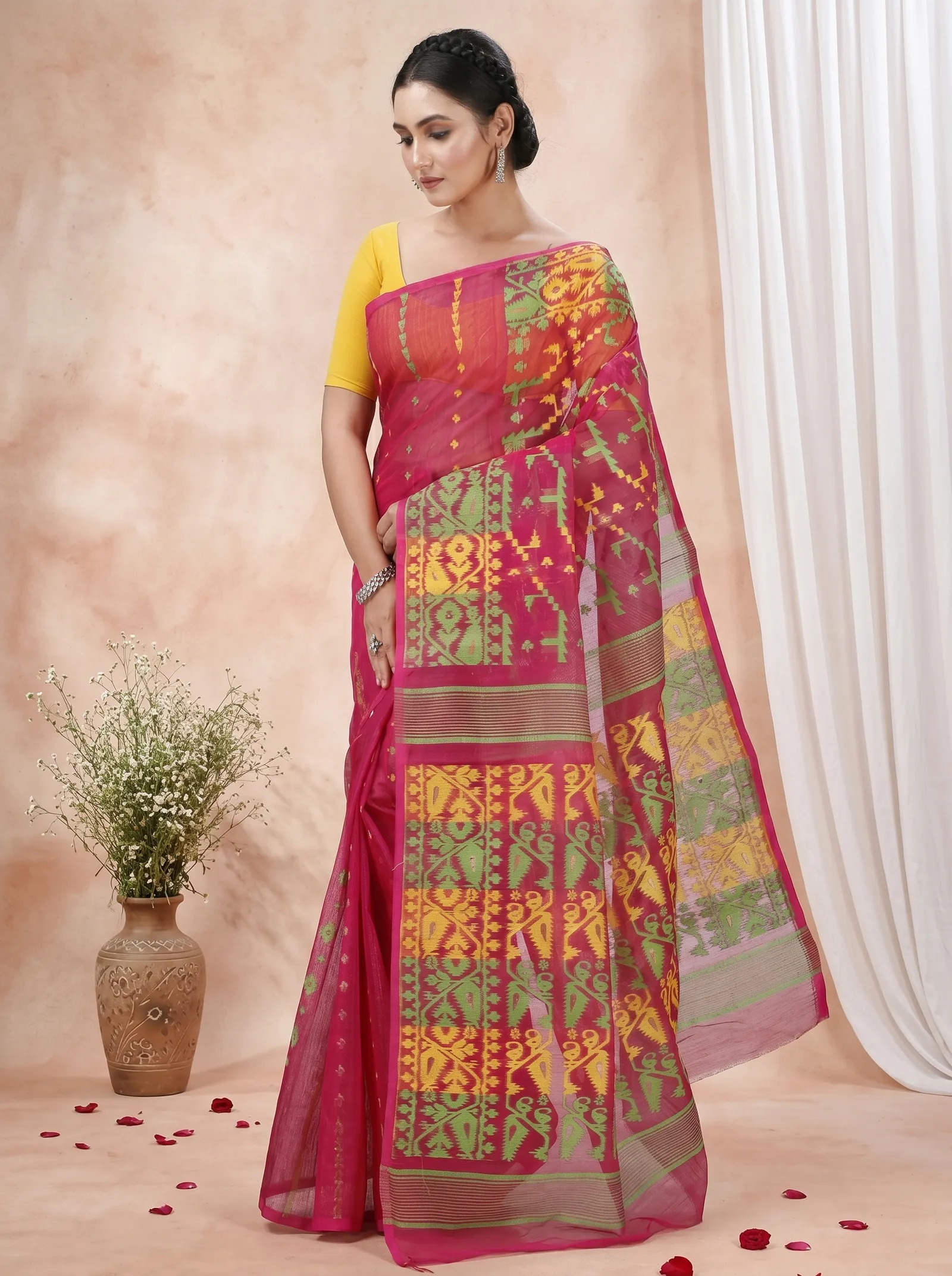 DipDiya Blended Cotton  Traditional Bengali Marun Artisan Crafted Jaya Jamdani Saree