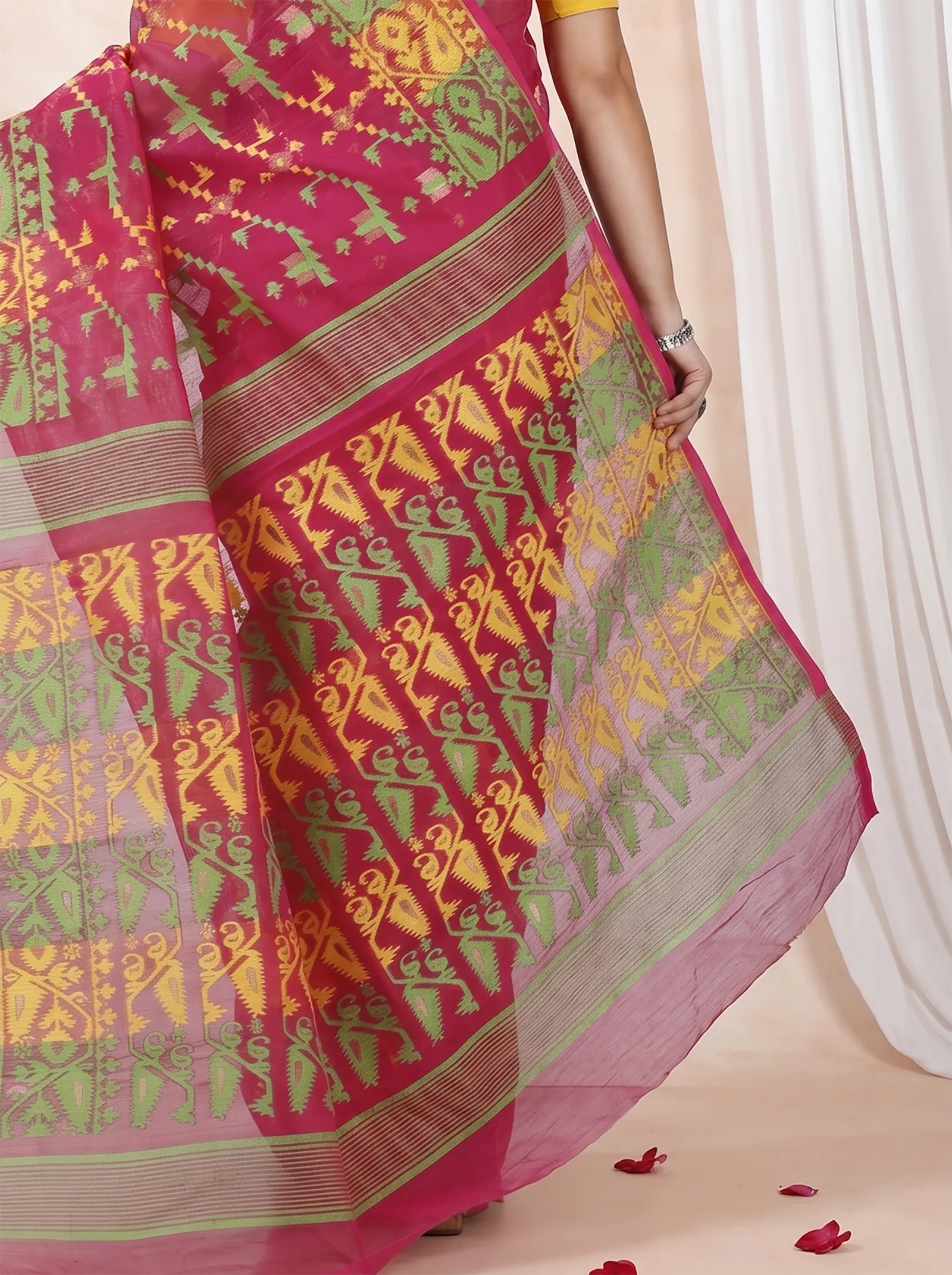 DipDiya Blended Cotton  Traditional Bengali Marun Artisan Crafted Jaya Jamdani Saree