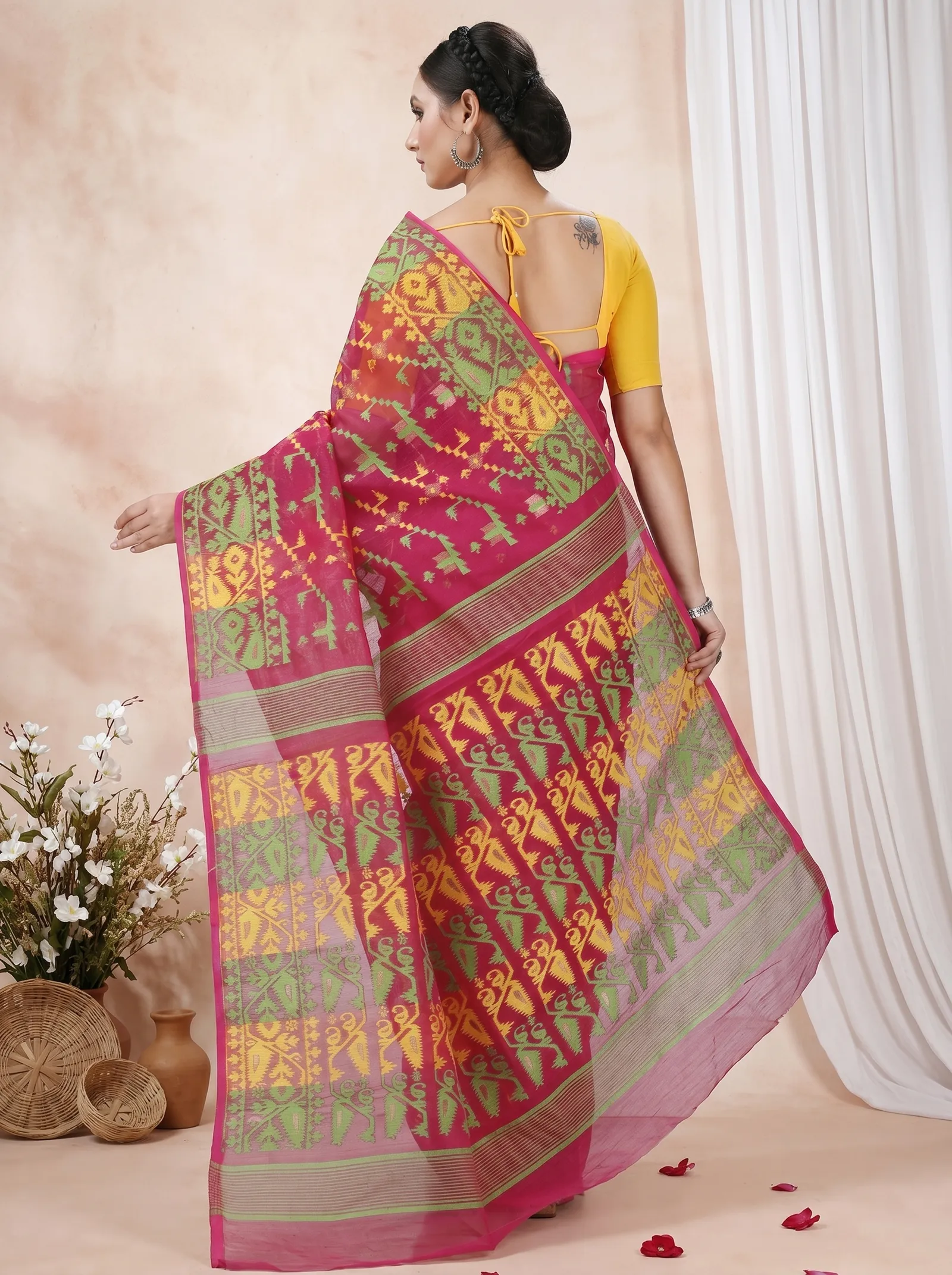DipDiya Blended Cotton  Traditional Bengali Marun Artisan Crafted Jaya Jamdani Saree