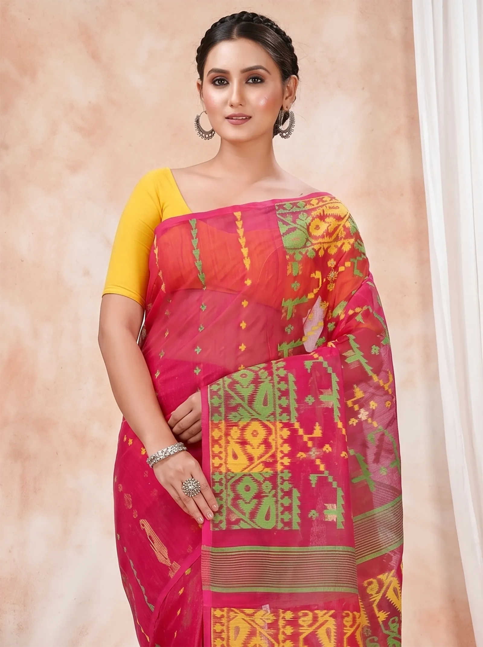 DipDiya Blended Cotton  Traditional Bengali Marun Artisan Crafted Jaya Jamdani Saree