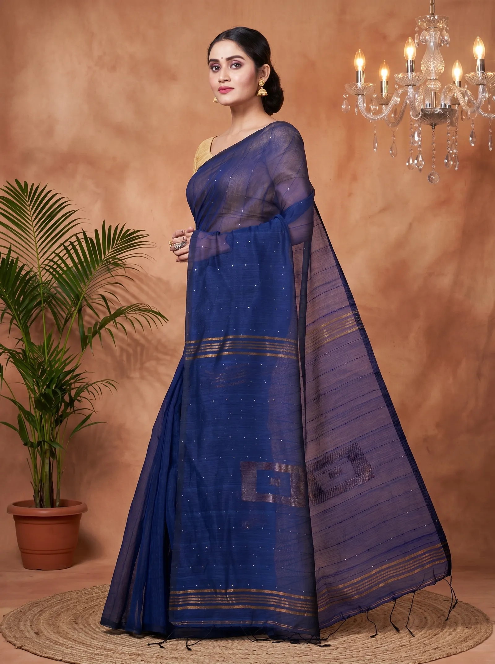 DipDiya Blended Cotton  Traditional Bengali Naby Blue Artisan Crafted Sequence Handloom Saree