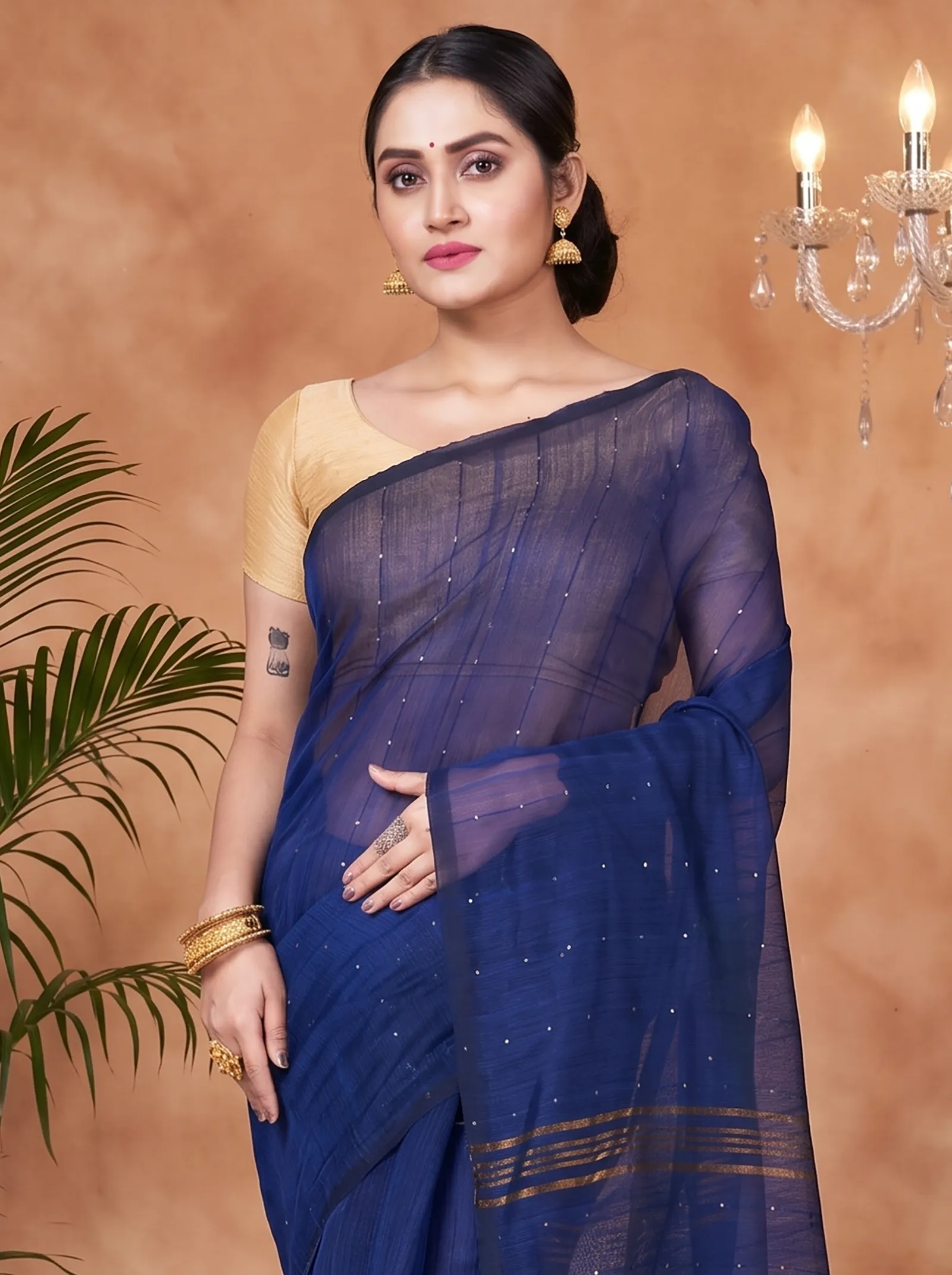 DipDiya Blended Cotton  Traditional Bengali Naby Blue Artisan Crafted Sequence Handloom Saree