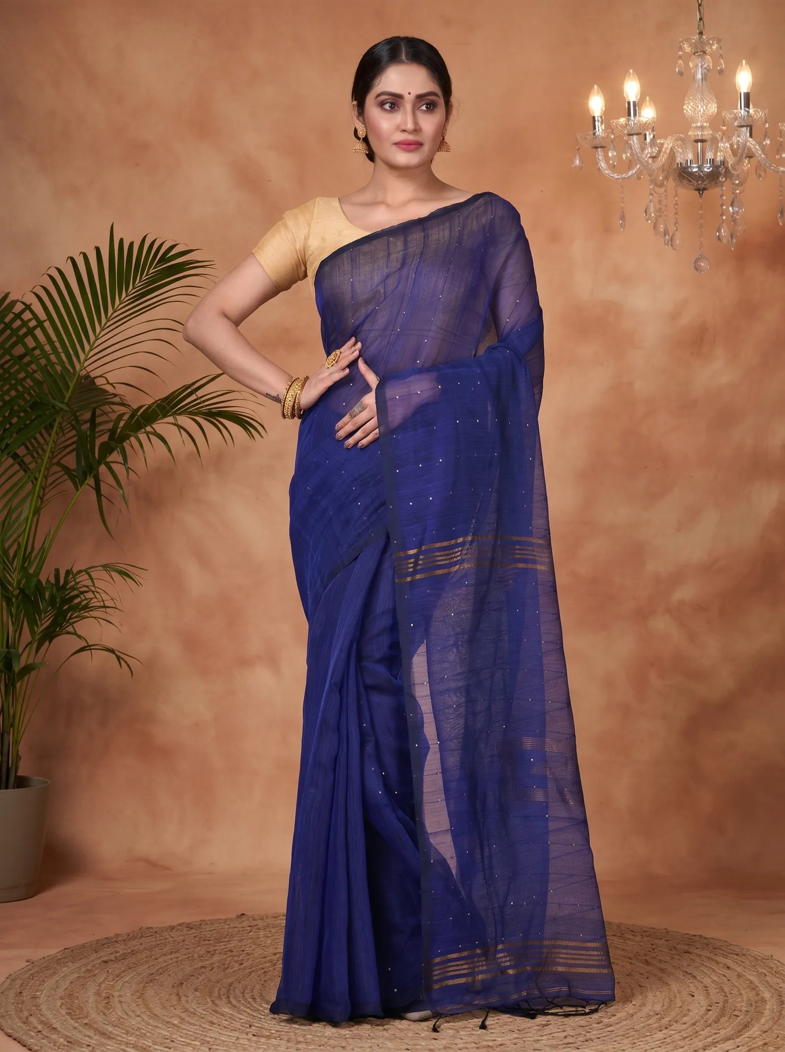 DipDiya Blended Cotton  Traditional Bengali Naby Blue Artisan Crafted Sequence Handloom Saree