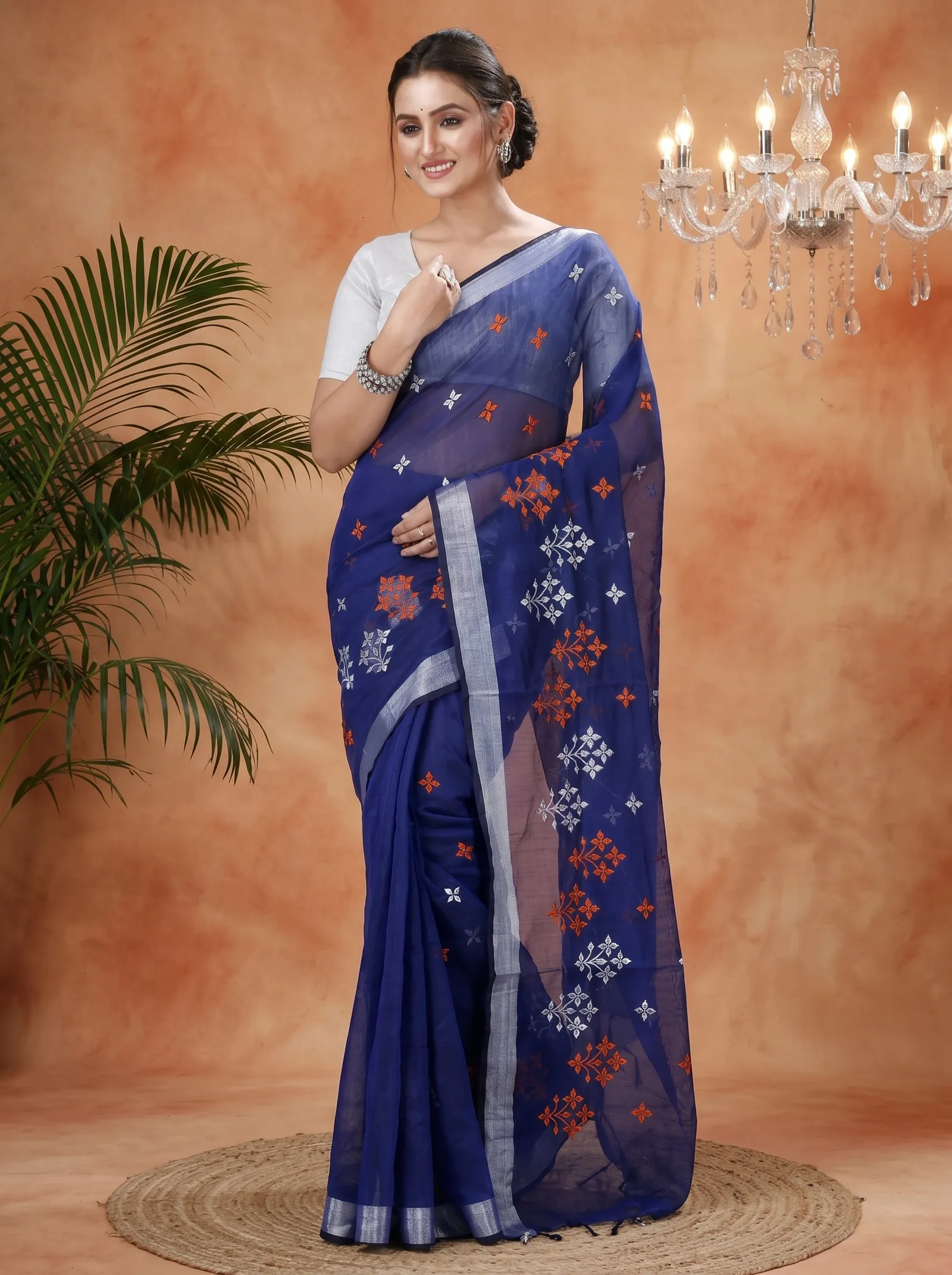 DipDiya Blended Cotton  Traditional Bengali Naby Blue Artisan Crafted Tamasi Handloom Saree