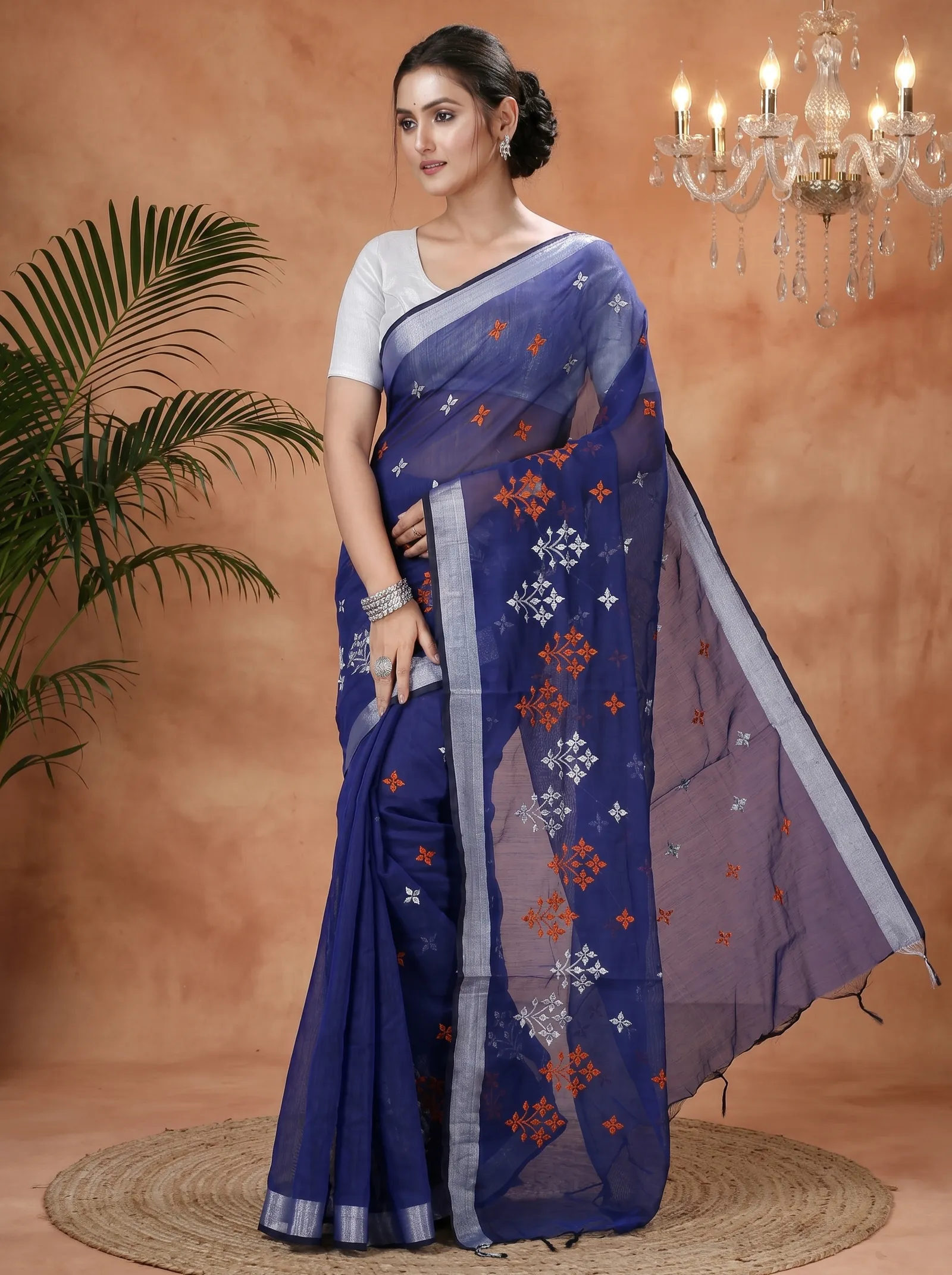 DipDiya Blended Cotton  Traditional Bengali Naby Blue Artisan Crafted Tamasi Handloom Saree