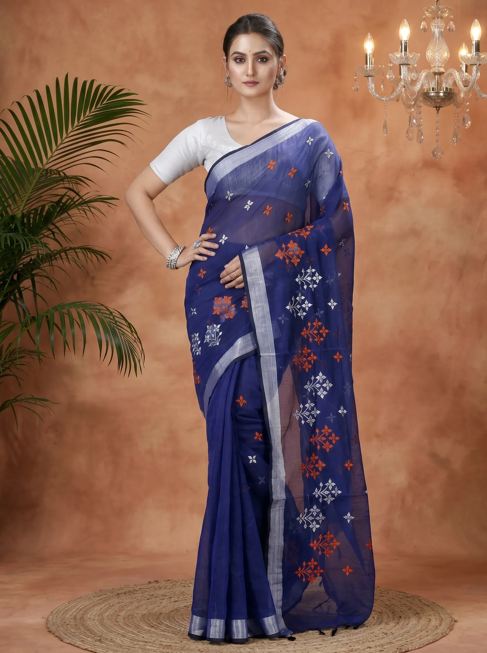DipDiya Blended Cotton  Traditional Bengali Naby Blue Artisan Crafted Tamasi Handloom Saree