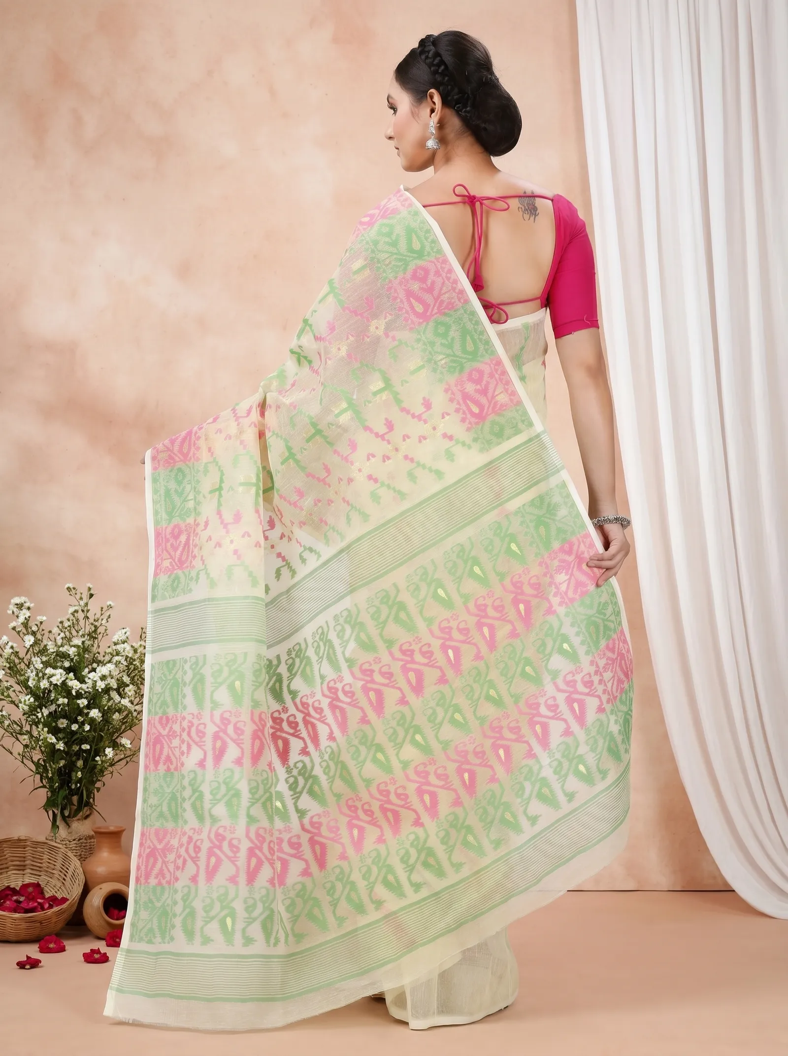 DipDiya Blended Cotton  Traditional Bengali Off White Artisan Crafted Jaya Jamdani Saree