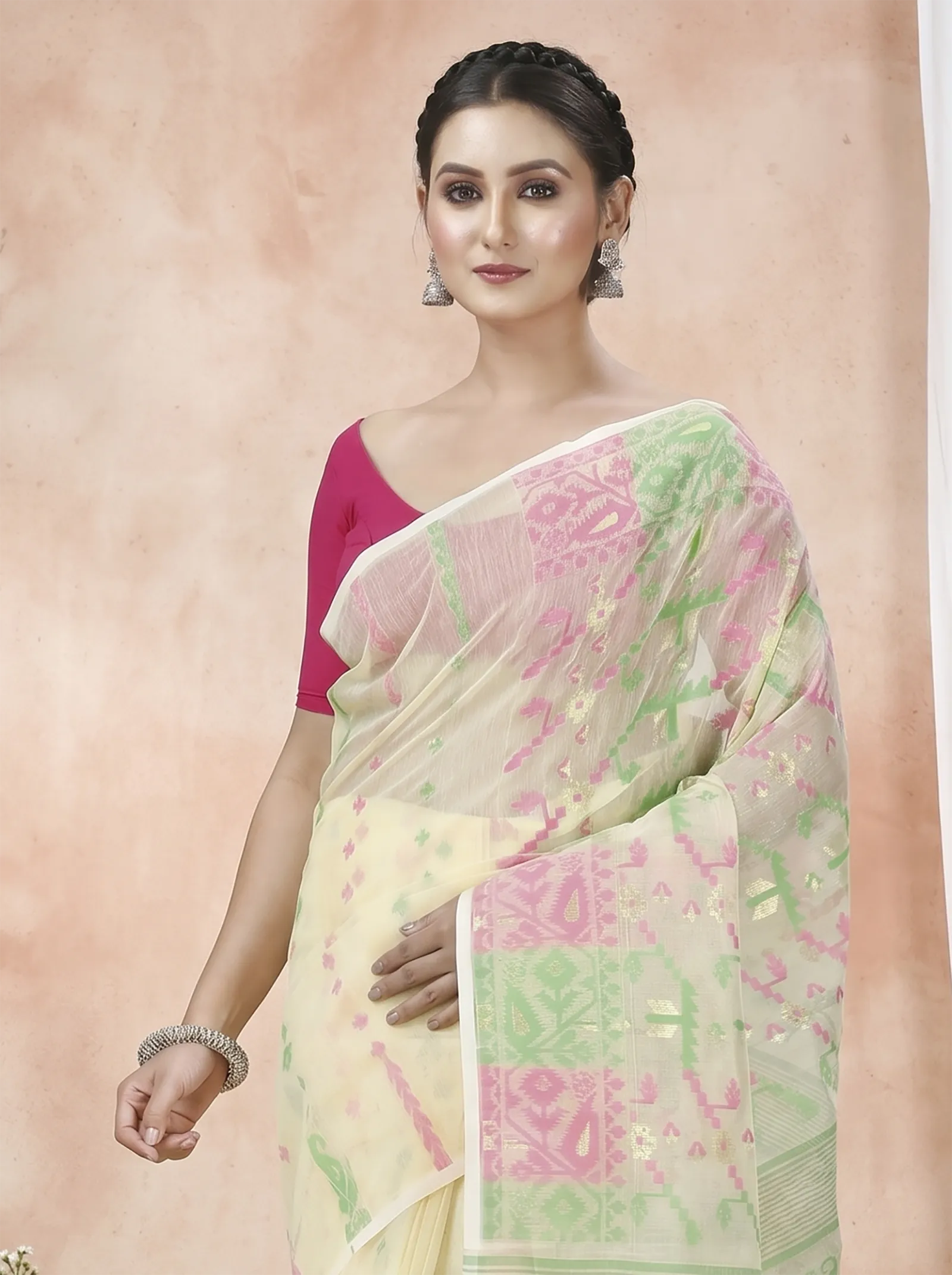 DipDiya Blended Cotton  Traditional Bengali Off White Artisan Crafted Jaya Jamdani Saree