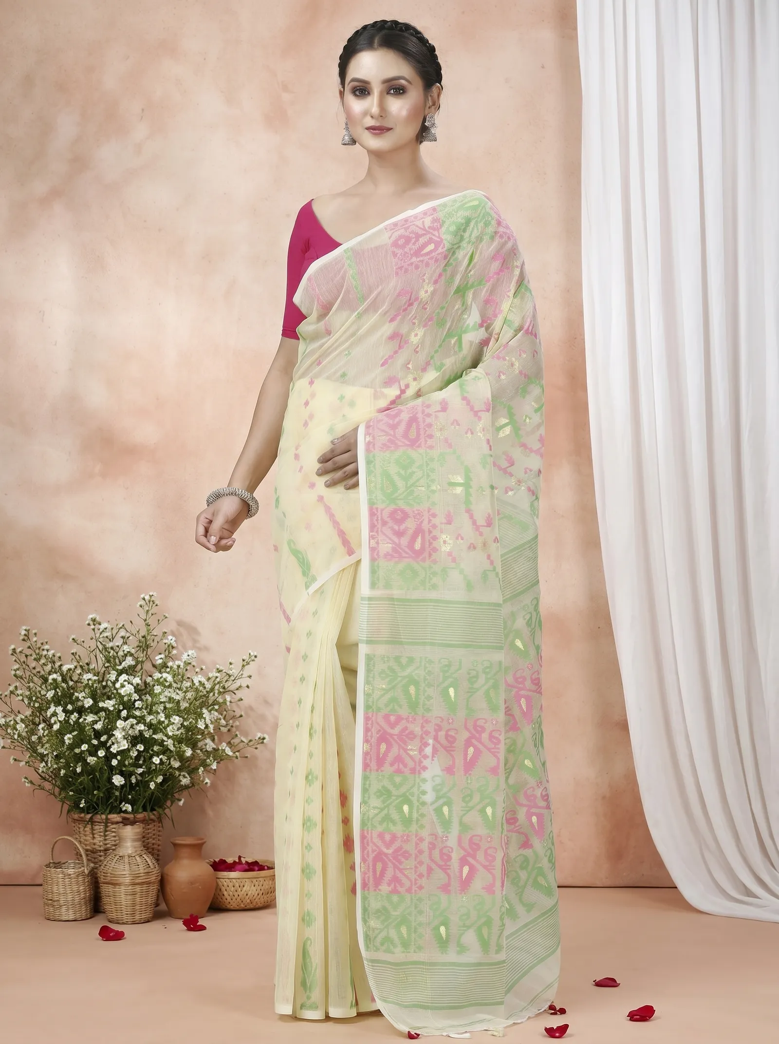 DipDiya Blended Cotton  Traditional Bengali Off White Artisan Crafted Jaya Jamdani Saree