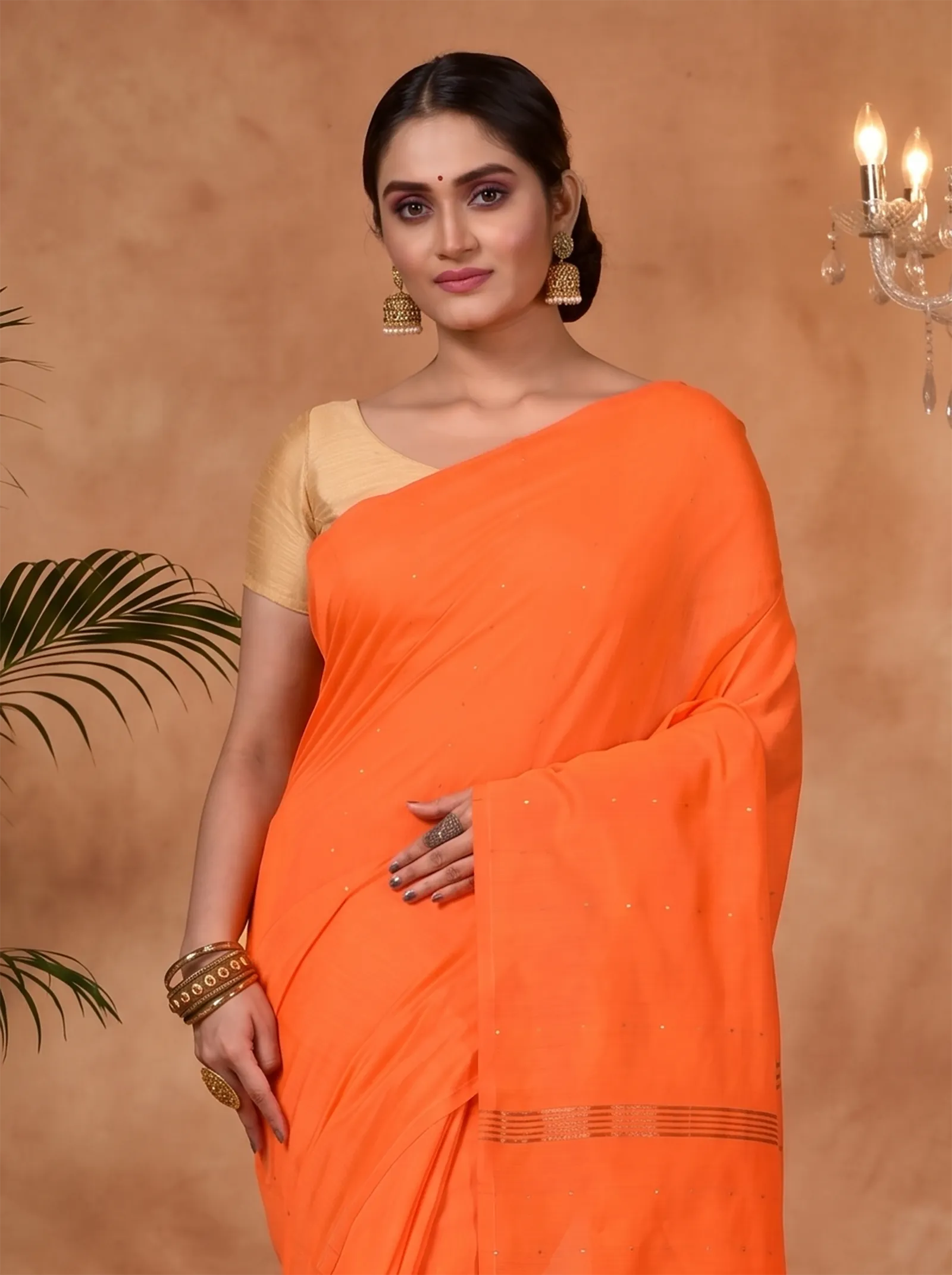 DipDiya Blended Cotton  Traditional Bengali Orange Artisan Crafted Sequence Handloom Saree