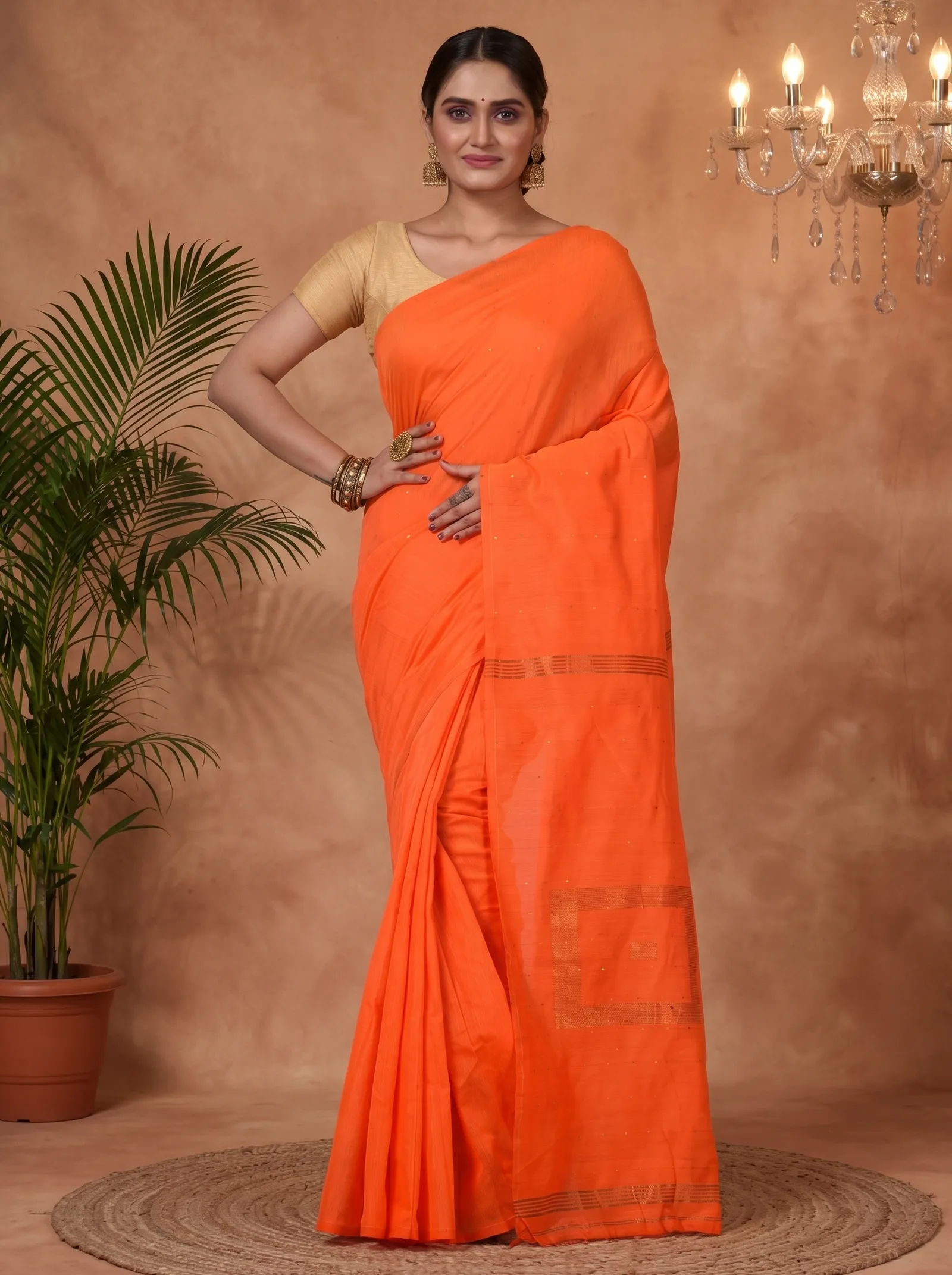 DipDiya Blended Cotton  Traditional Bengali Orange Artisan Crafted Sequence Handloom Saree