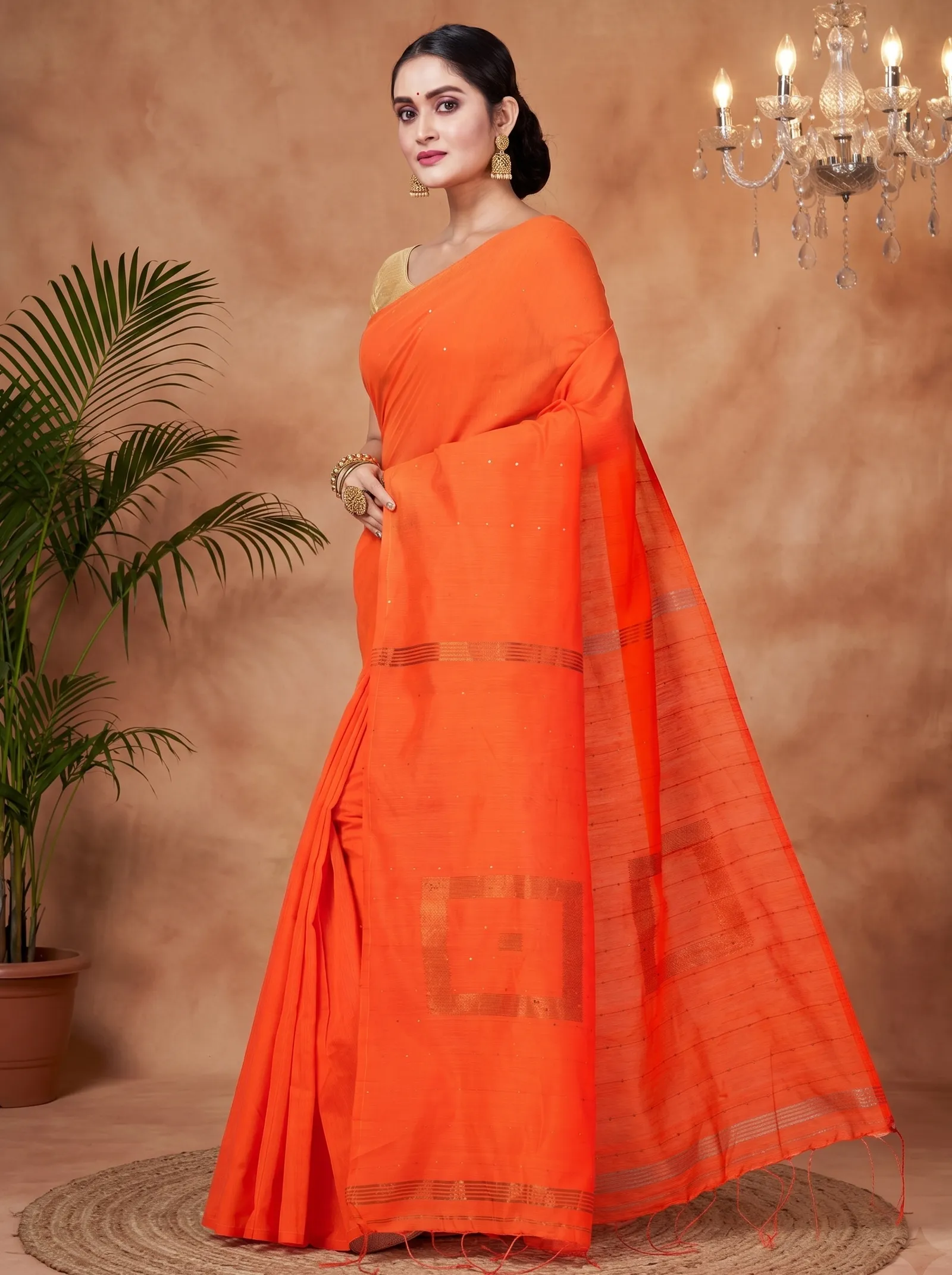 DipDiya Blended Cotton  Traditional Bengali Orange Artisan Crafted Sequence Handloom Saree