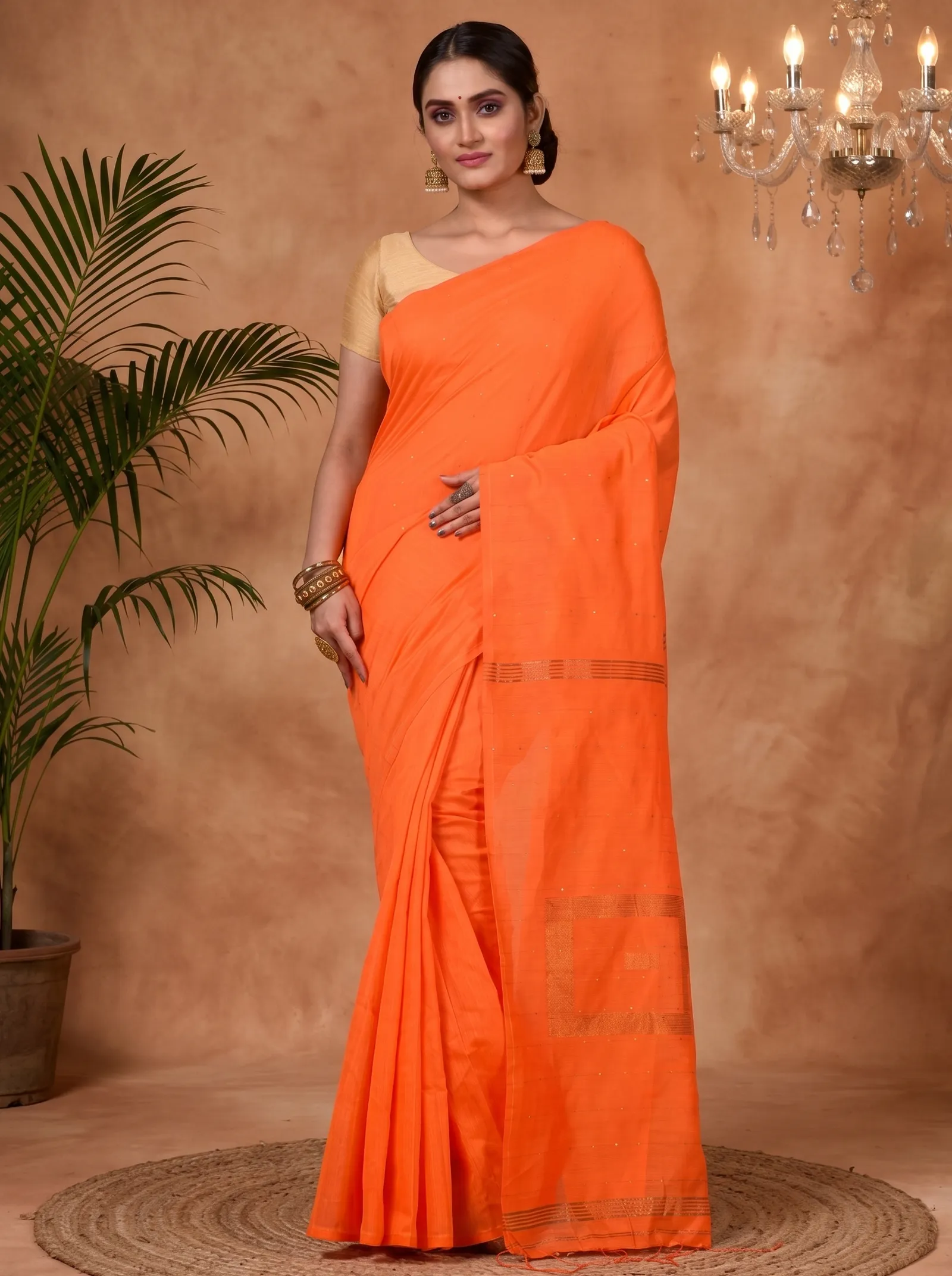 DipDiya Blended Cotton  Traditional Bengali Orange Artisan Crafted Sequence Handloom Saree