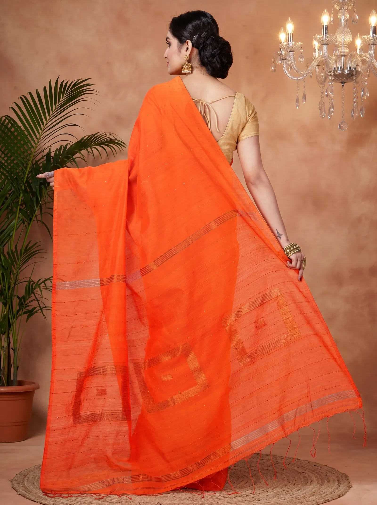DipDiya Blended Cotton  Traditional Bengali Orange Artisan Crafted Sequence Handloom Saree