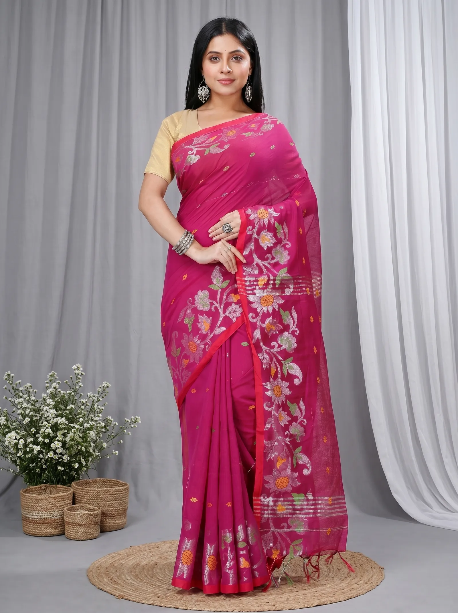 DipDiya Blended Cotton  Traditional Bengali Parpel Artisan Crafted Nisa Handloom Saree