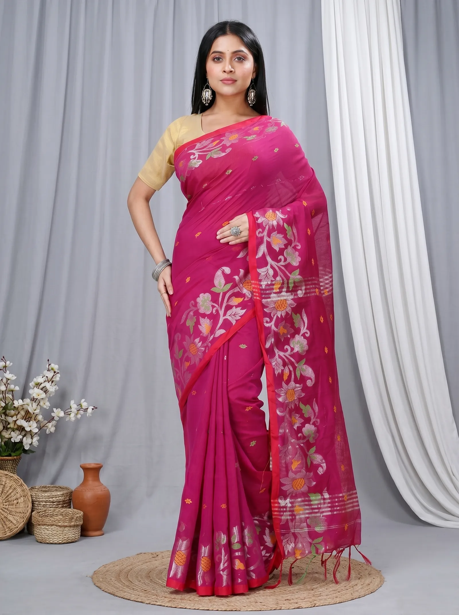 DipDiya Blended Cotton  Traditional Bengali Parpel Artisan Crafted Nisa Handloom Saree