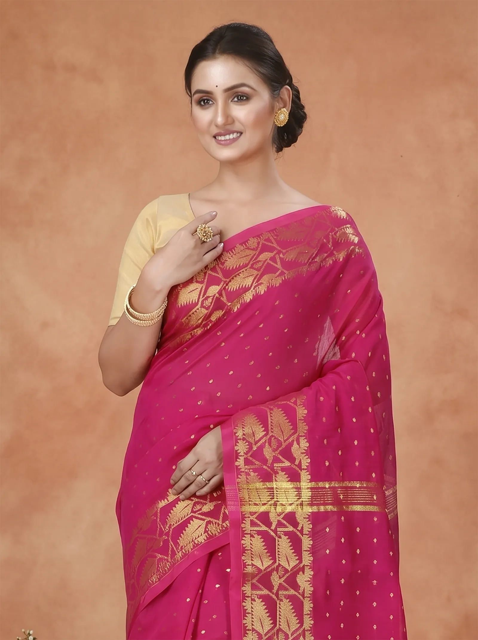 DipDiya Blended Cotton  Traditional Bengali Pink Artisan Crafted Temo Handloom Saree