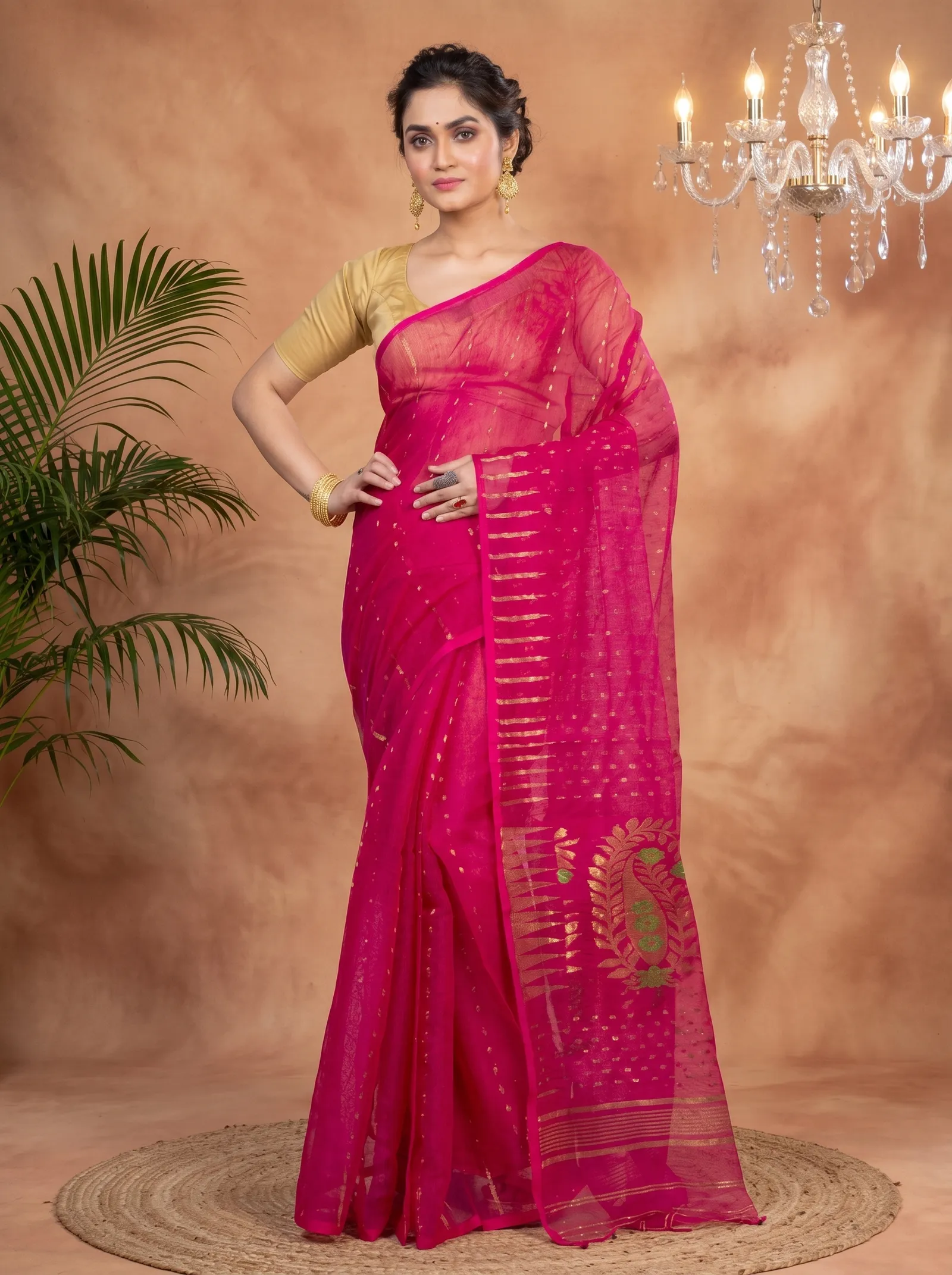 DipDiya Blended Cotton  Traditional Bengali Purple Artisan Crafted HALF JAMDINE Jamdani Saree