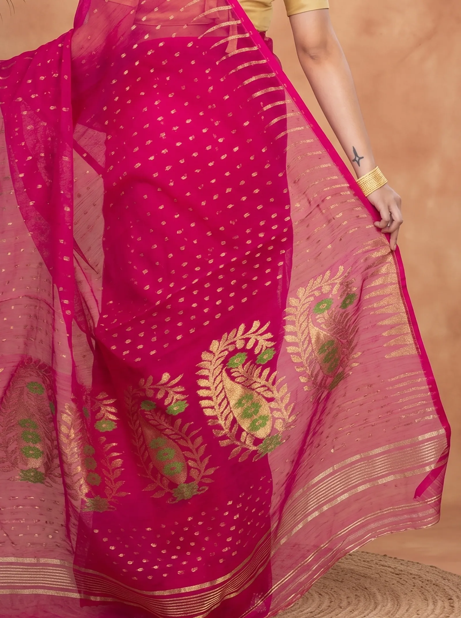 DipDiya Blended Cotton  Traditional Bengali Purple Artisan Crafted HALF JAMDINE Jamdani Saree