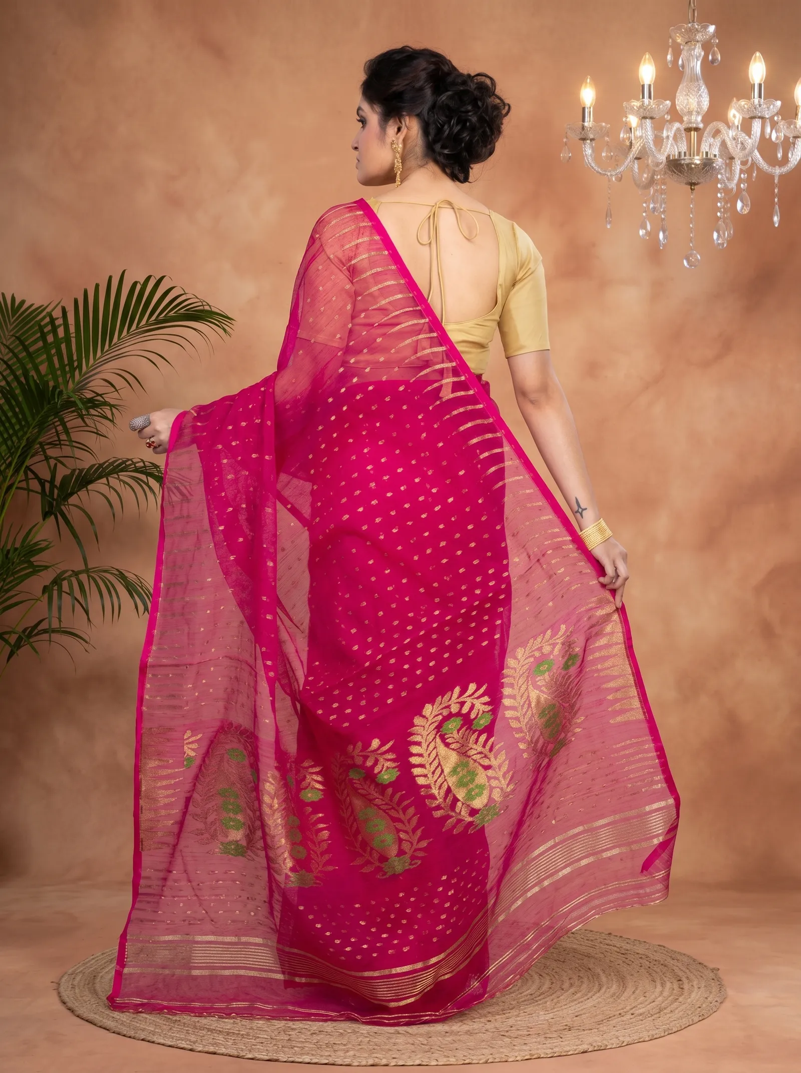 DipDiya Blended Cotton  Traditional Bengali Purple Artisan Crafted HALF JAMDINE Jamdani Saree