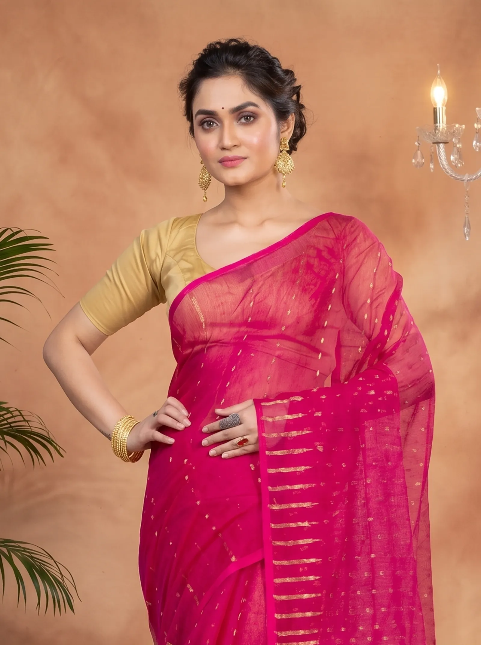 DipDiya Blended Cotton  Traditional Bengali Purple Artisan Crafted HALF JAMDINE Jamdani Saree