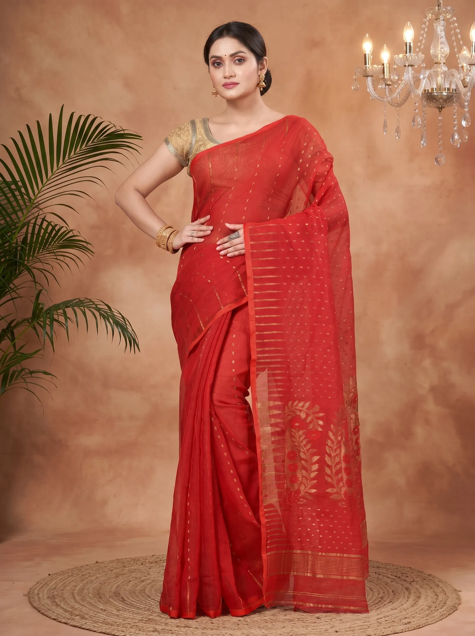 DipDiya Blended Cotton  Traditional Bengali Red Artisan Crafted HALF JAMDINE Jamdani Saree
