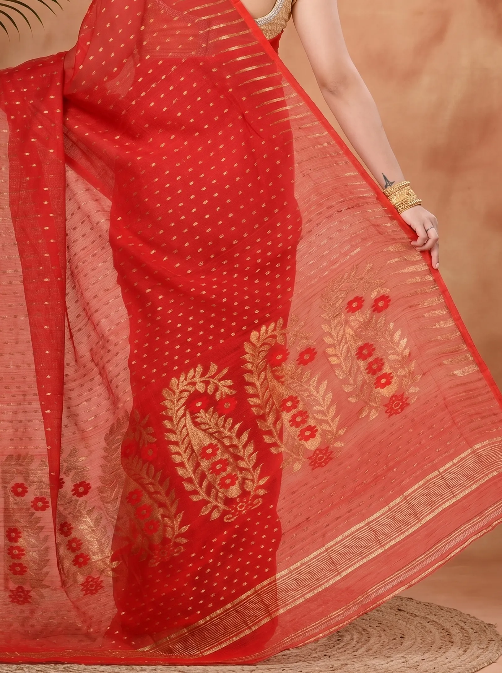 DipDiya Blended Cotton  Traditional Bengali Red Artisan Crafted HALF JAMDINE Jamdani Saree