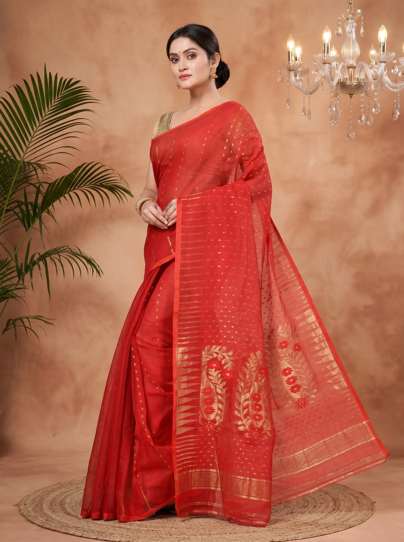 DipDiya Blended Cotton  Traditional Bengali Red Artisan Crafted HALF JAMDINE Jamdani Saree