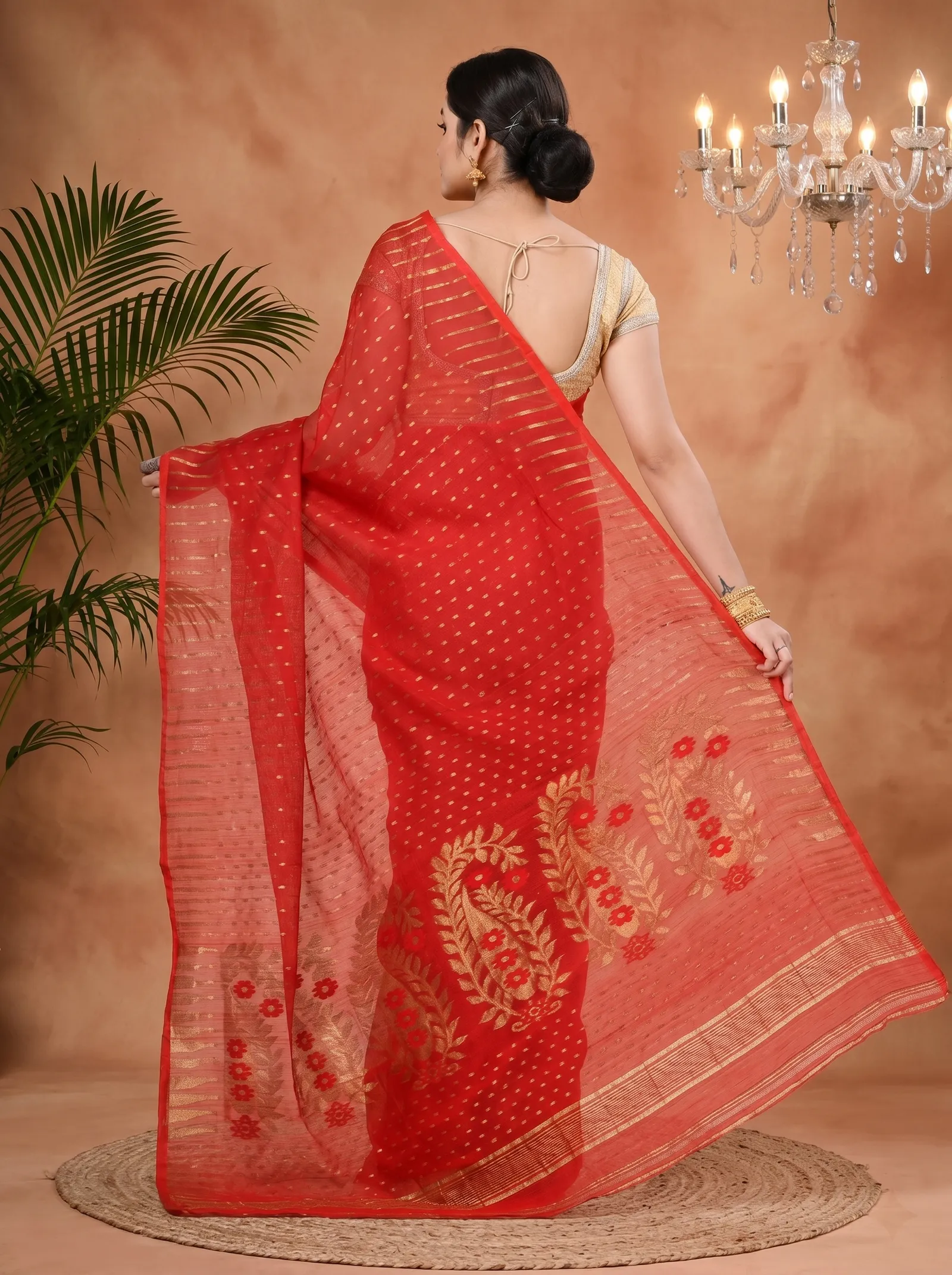 DipDiya Blended Cotton  Traditional Bengali Red Artisan Crafted HALF JAMDINE Jamdani Saree