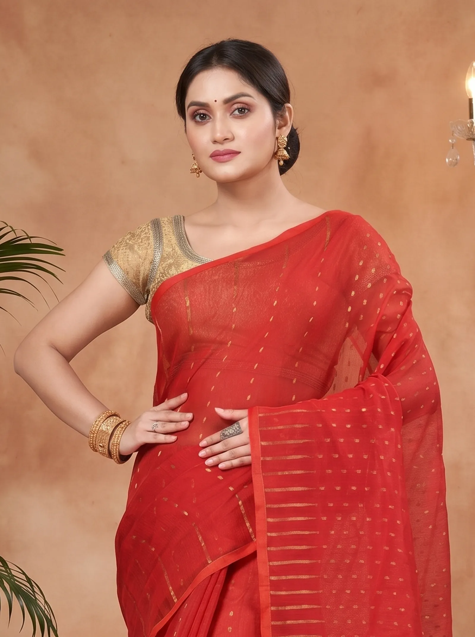 DipDiya Blended Cotton  Traditional Bengali Red Artisan Crafted HALF JAMDINE Jamdani Saree