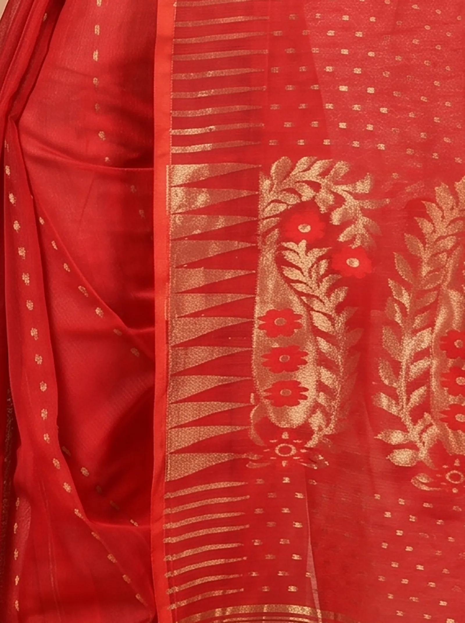 DipDiya Blended Cotton  Traditional Bengali Red Artisan Crafted HALF JAMDINE Jamdani Saree