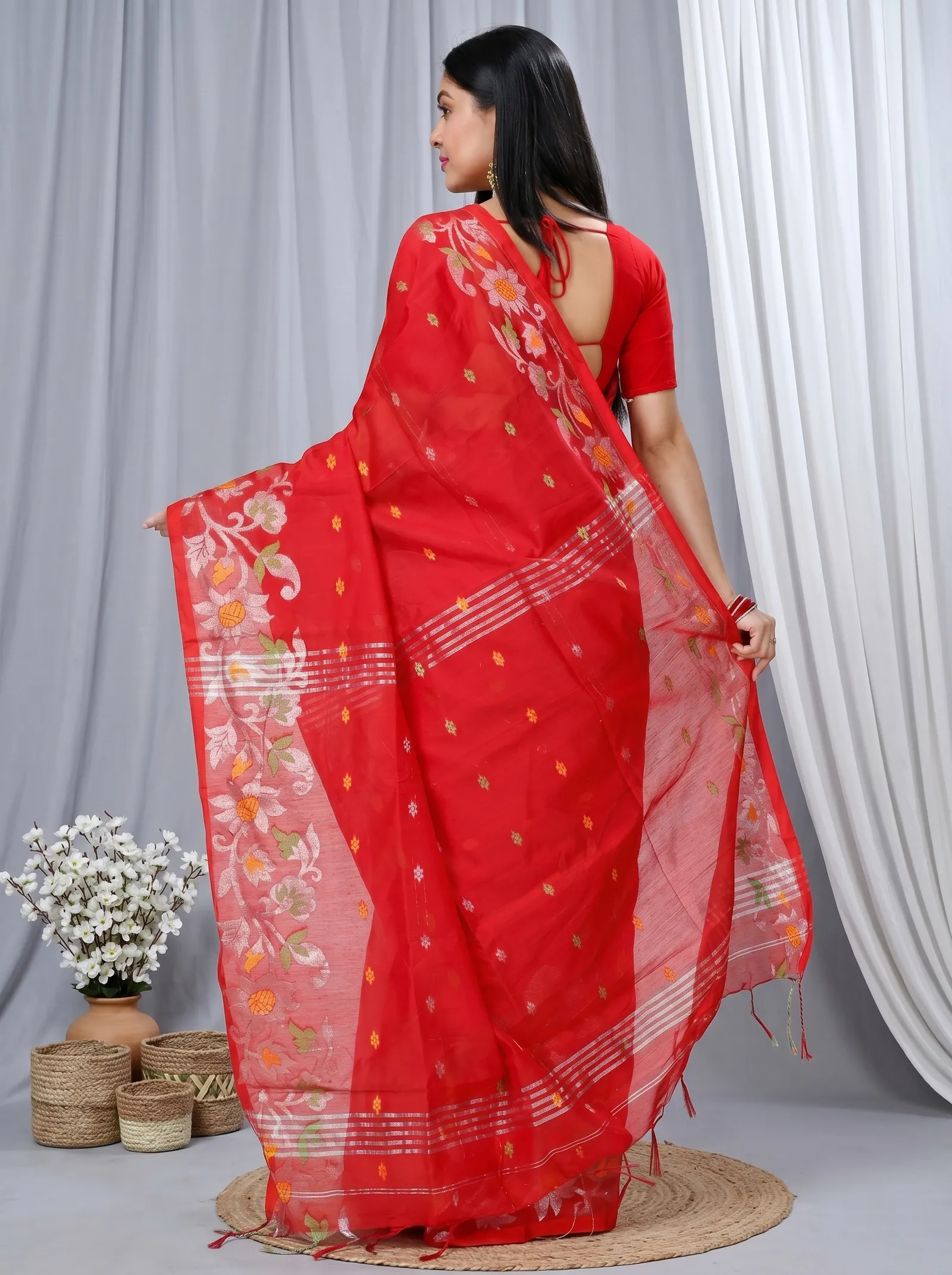 DipDiya Blended Cotton  Traditional Bengali Red Artisan Crafted Nisa Handloom Saree