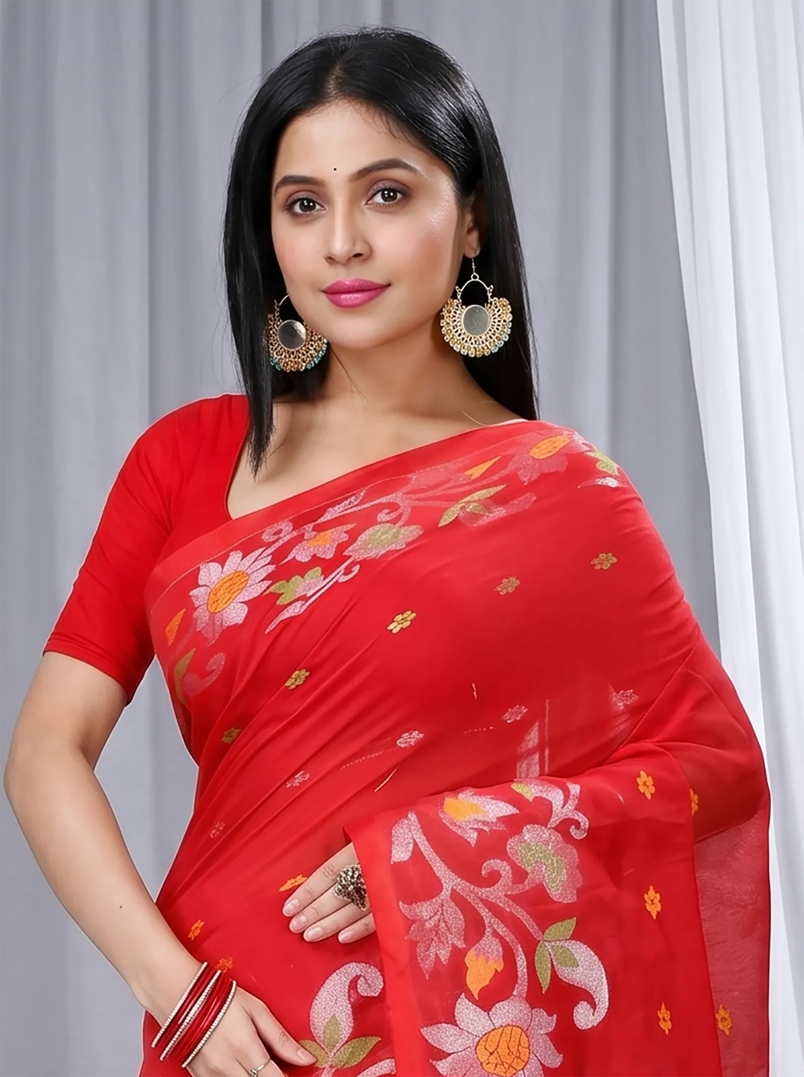 DipDiya Blended Cotton  Traditional Bengali Red Artisan Crafted Nisa Handloom Saree