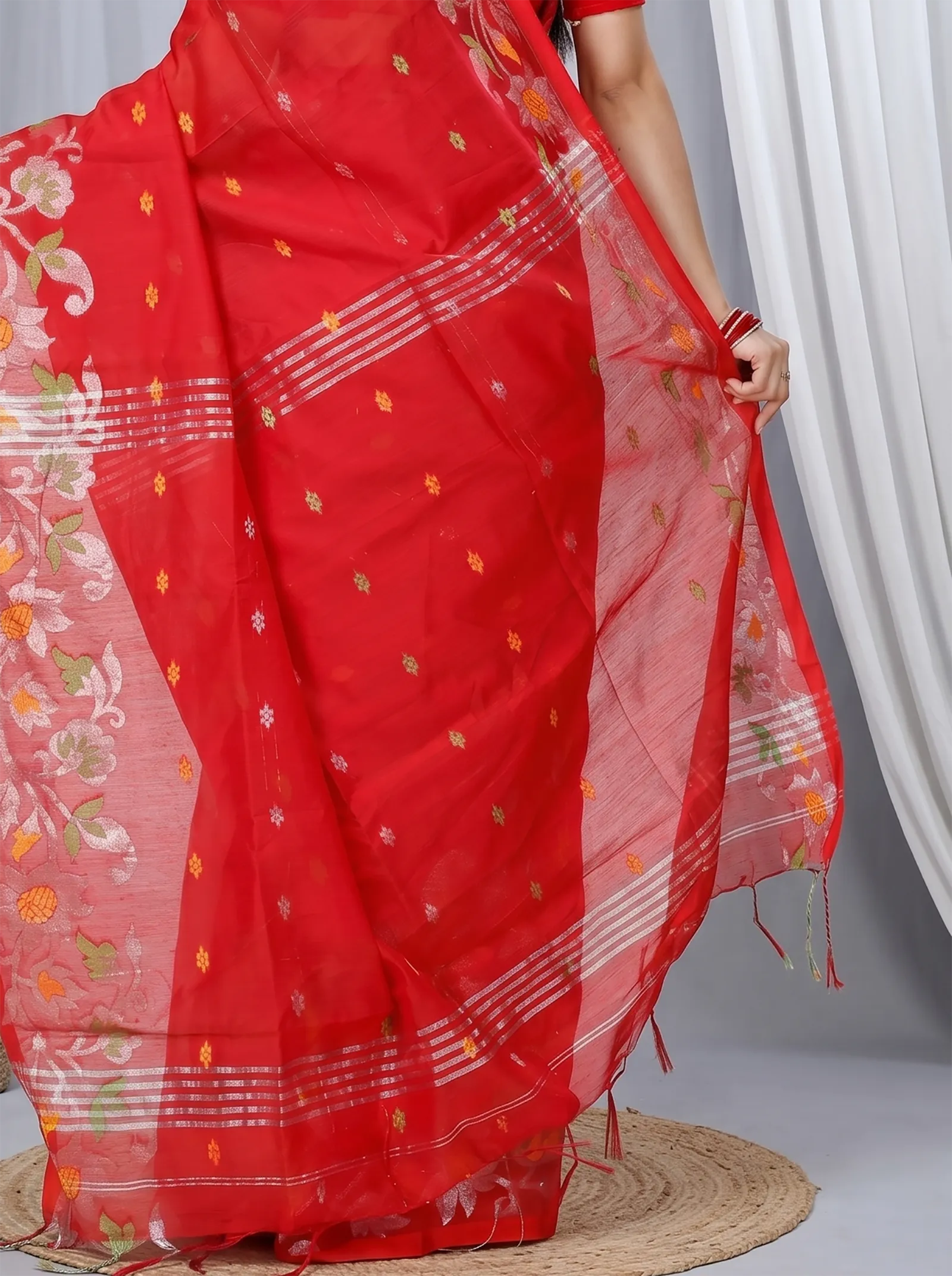 DipDiya Blended Cotton  Traditional Bengali Red Artisan Crafted Nisa Handloom Saree