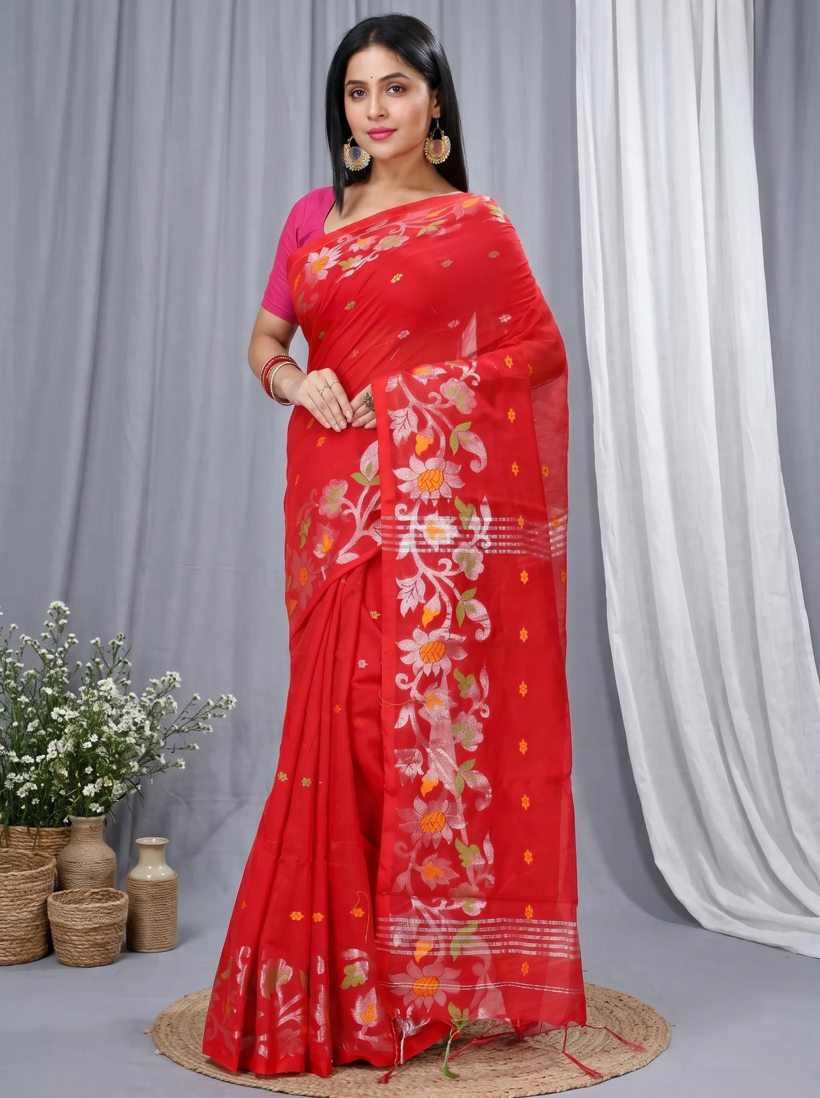 DipDiya Blended Cotton  Traditional Bengali Red Artisan Crafted Nisa Handloom Saree