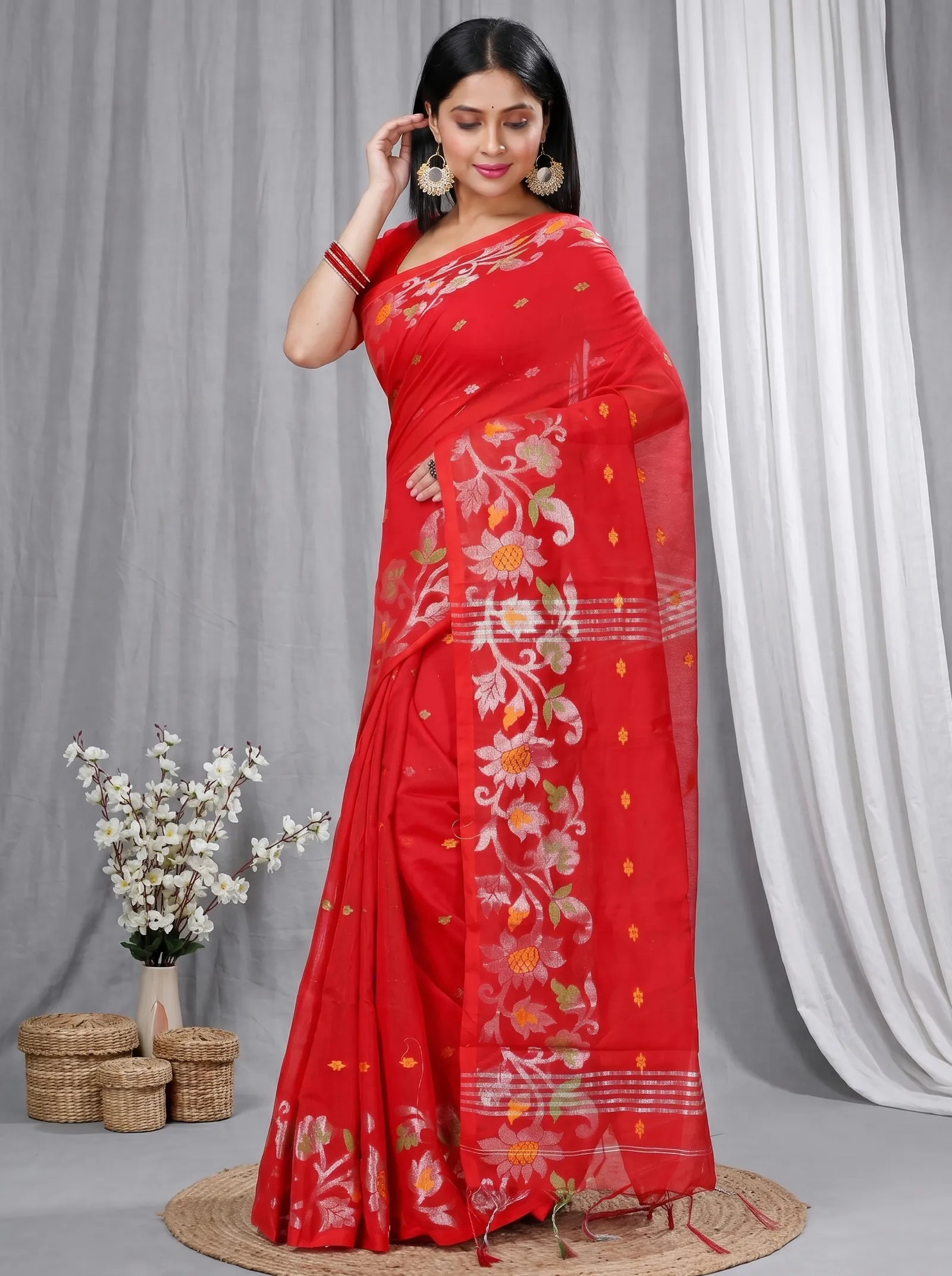 DipDiya Blended Cotton  Traditional Bengali Red Artisan Crafted Nisa Handloom Saree