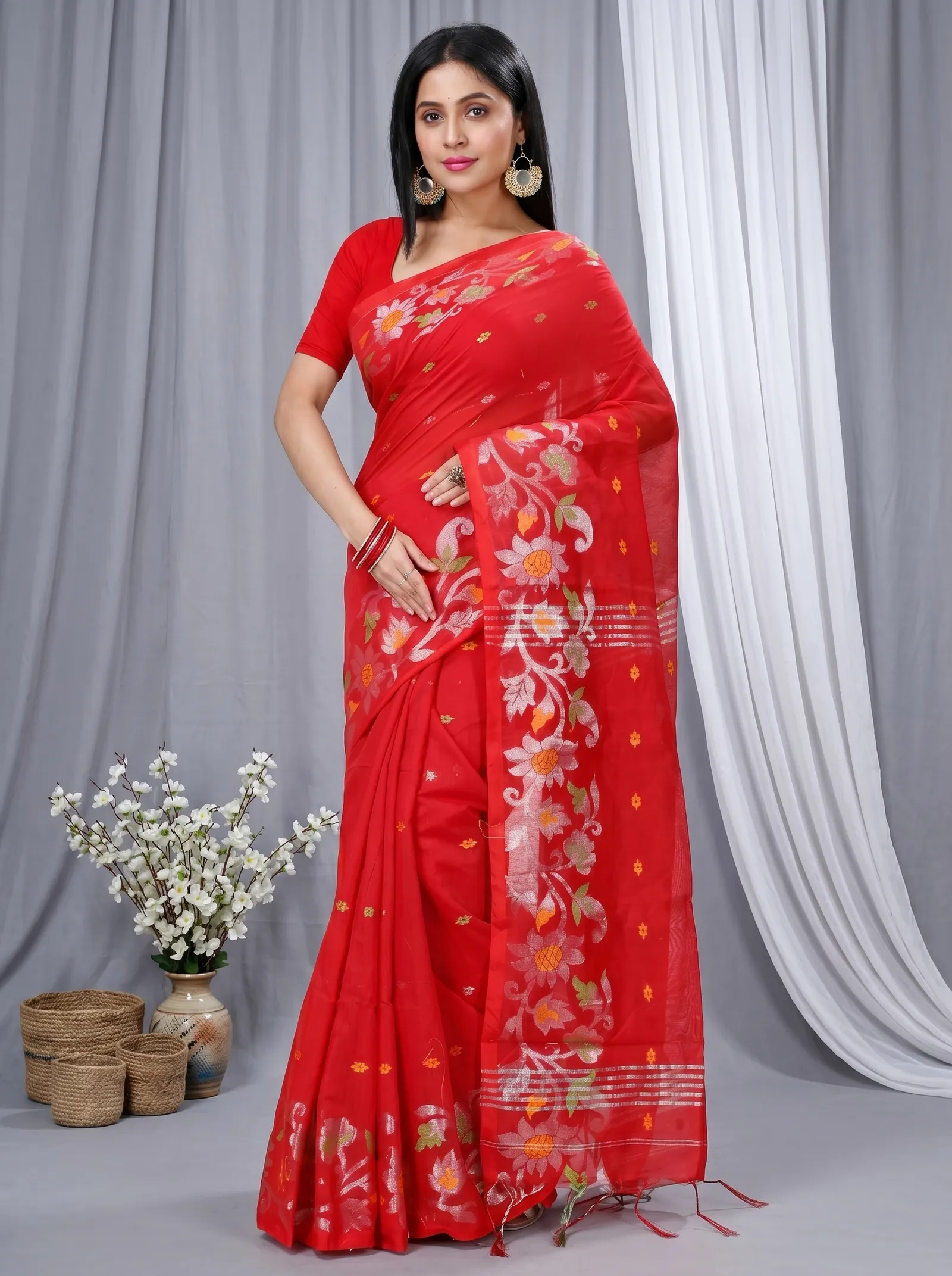 DipDiya Blended Cotton  Traditional Bengali Red Artisan Crafted Nisa Handloom Saree