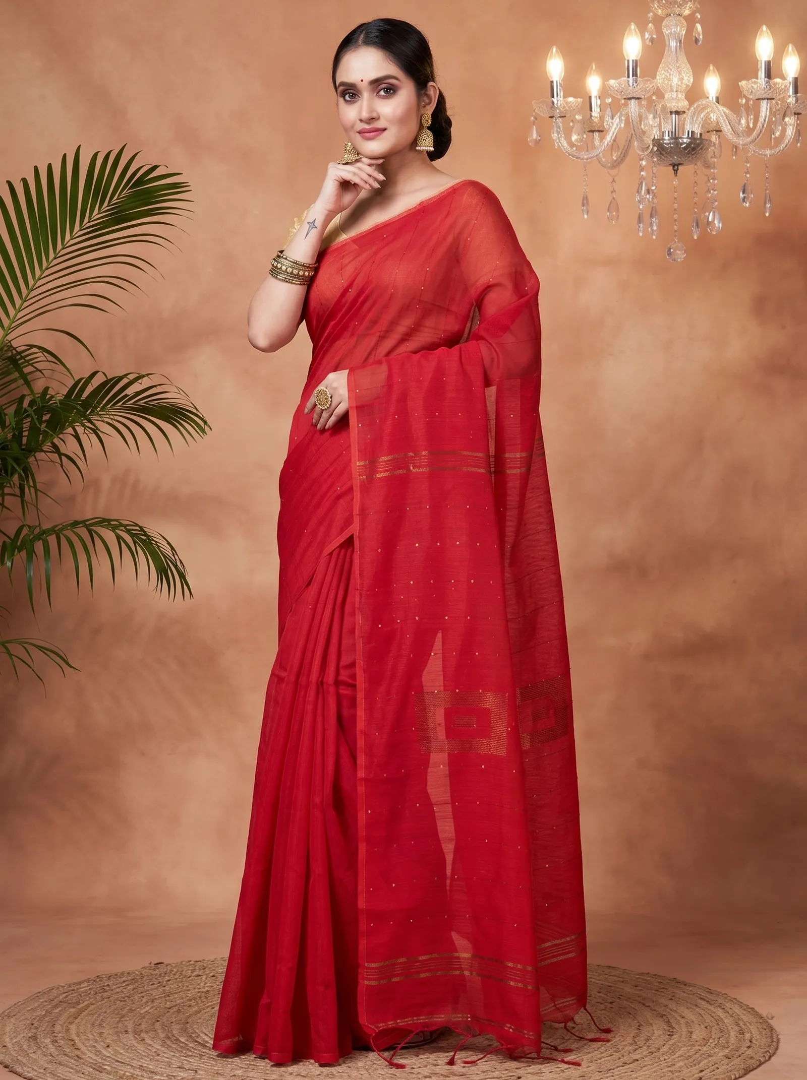 DipDiya Blended Cotton  Traditional Bengali Red Artisan Crafted Sequence Handloom Saree