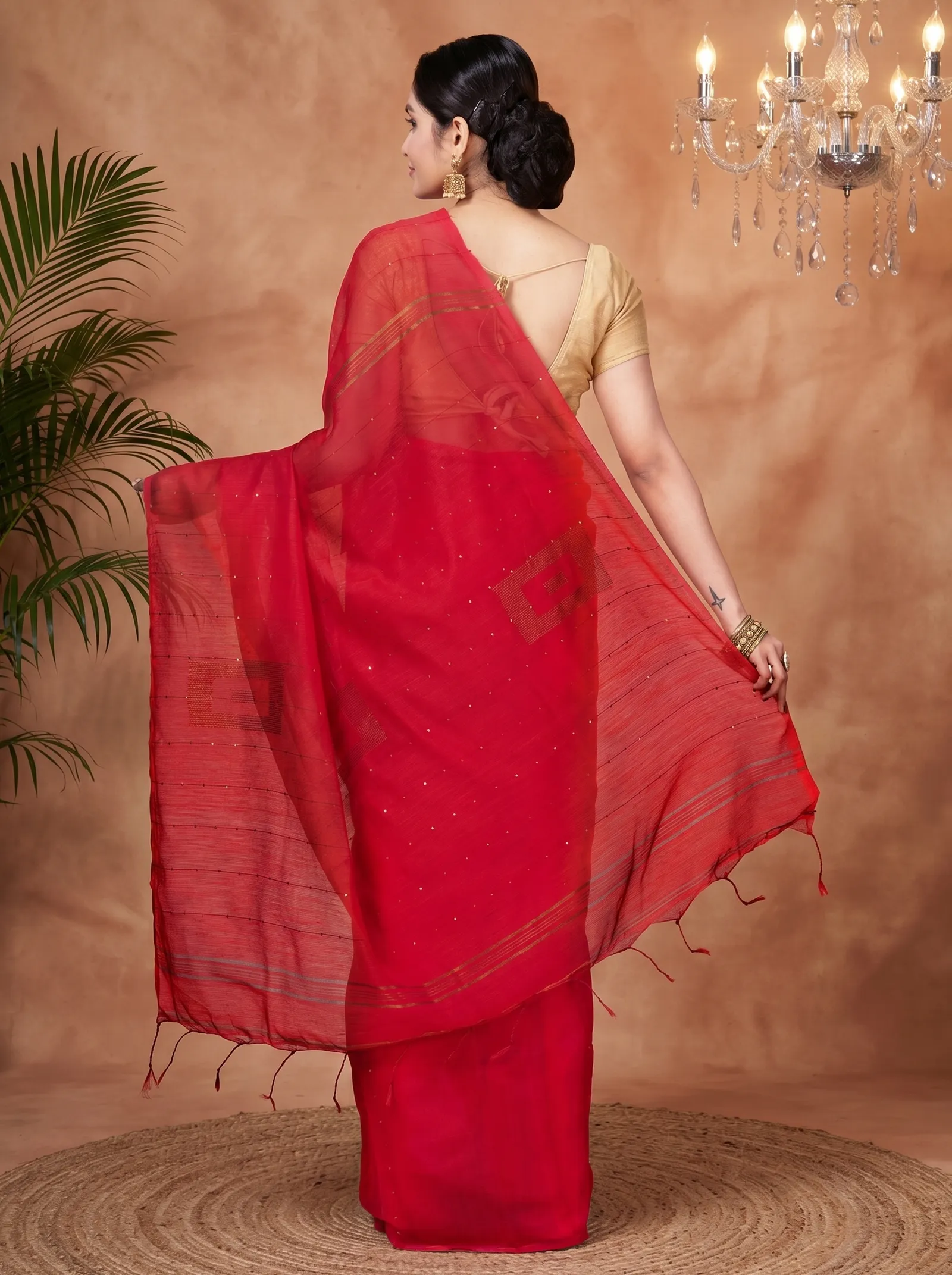 DipDiya Blended Cotton  Traditional Bengali Red Artisan Crafted Sequence Handloom Saree
